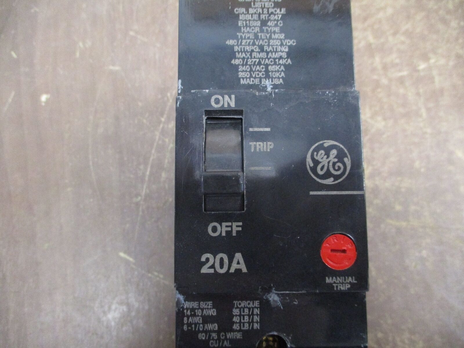 GE Bolt-On Circuit Breaker TEY220 M02 20A 480/277V 2P Used