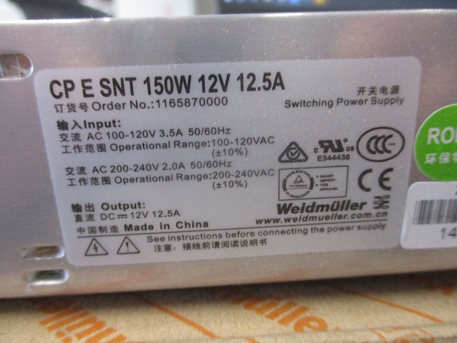 Weidmuller Power Supply 1165870000 CP SNT 150W 12V 12.5A New Surplus