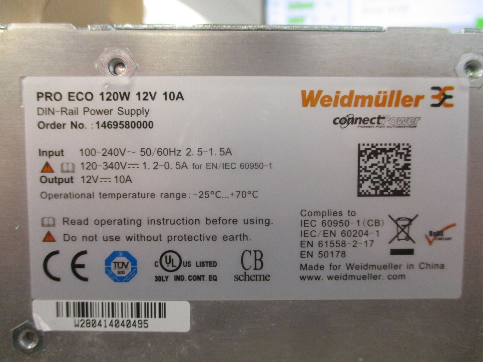 Weidmuller Power Supply 1469580000 120W 12V 10A New Surplus