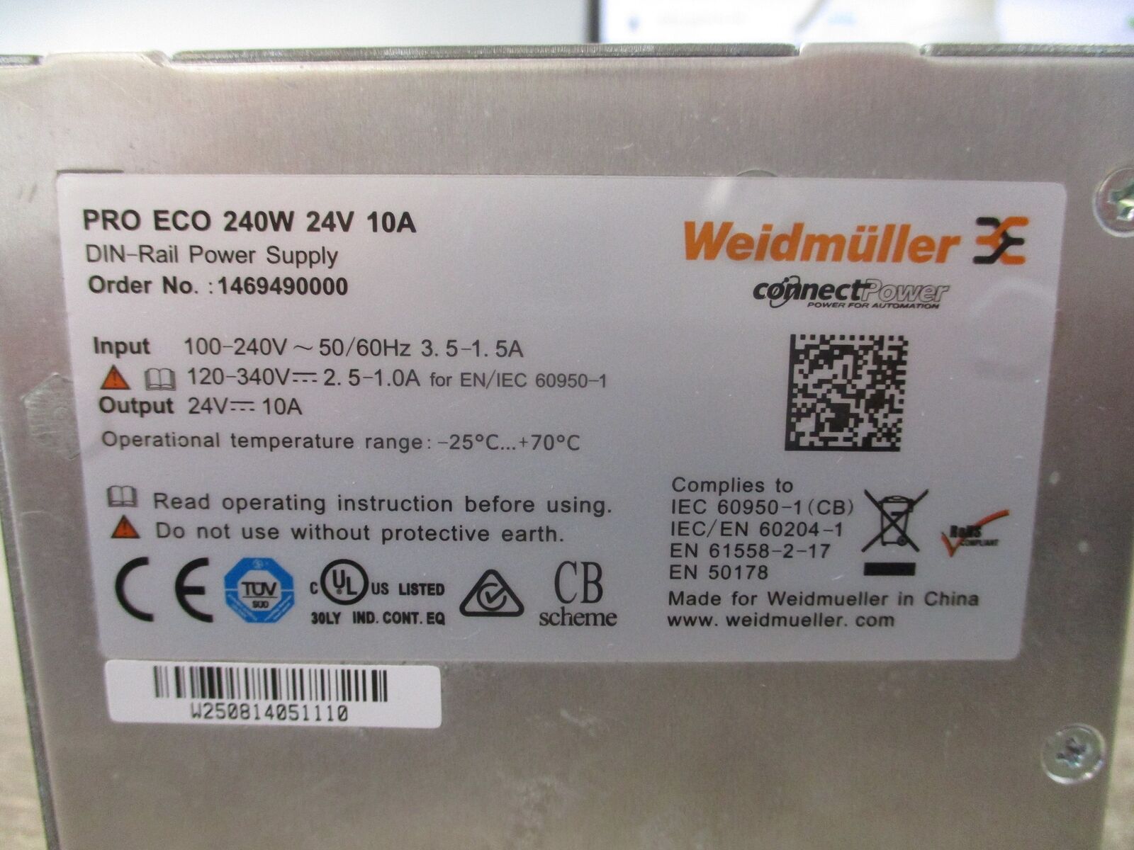 Weidmuller Power Supply 1469490000 240W 24V 10A New Surplus