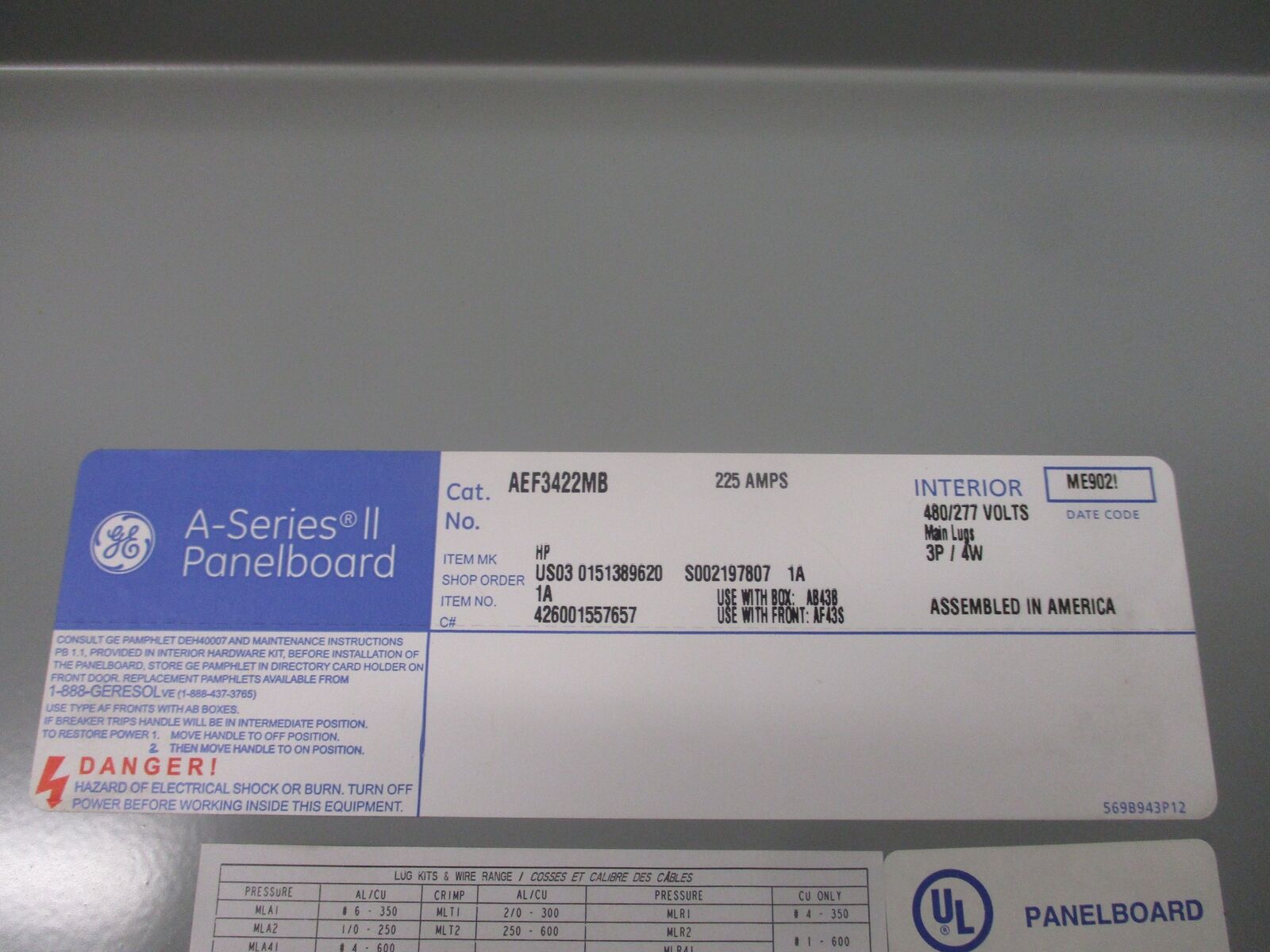 GE A-Series II Panelboard Interior AEF 3422MB 225A 480/277V 3P 4W New Surplus