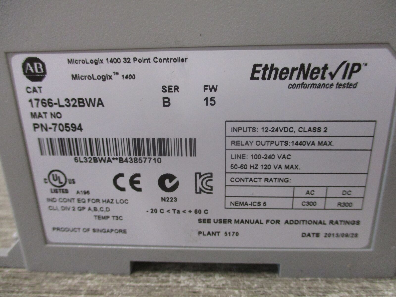 Allen-Bradley MicroLogix 1400 Controller 1766-L32BWA Ser. B FW: 15 32PT Used
