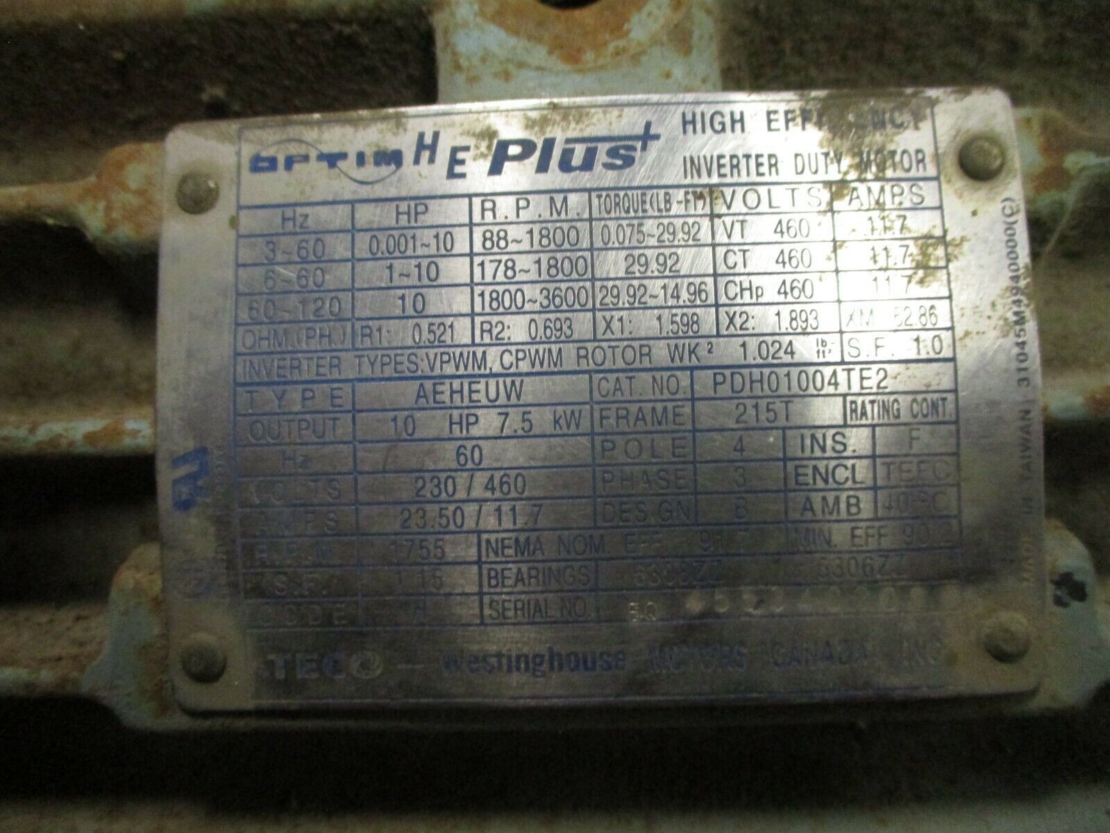 Westinghouse Motor PDH01004TE2 10HP 1800RPM 230/460V 23.5/11.7A 3Ph 4P 60Hz Used