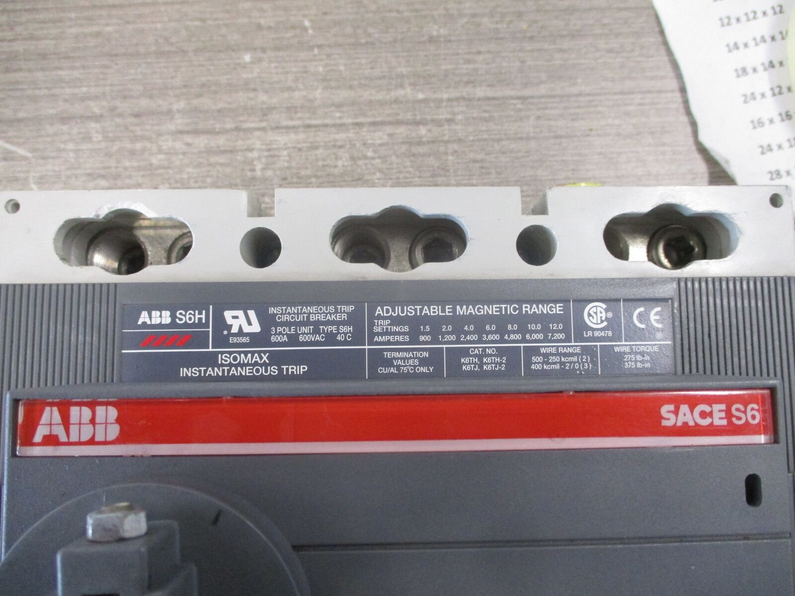 ABB SACE S6 Breaker Disconnect S6H PR211 600A 600V 3P Used