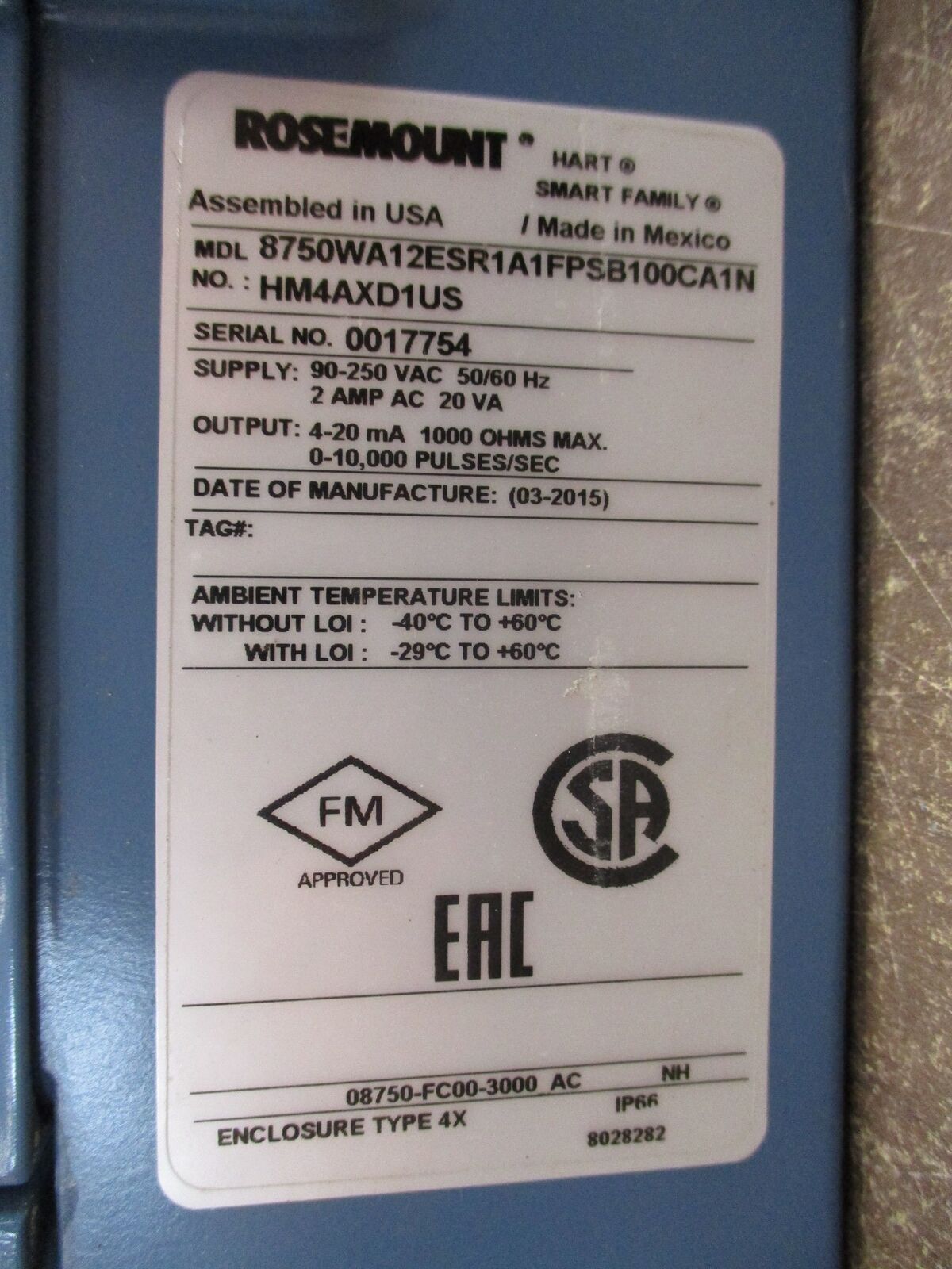 Rosemount Flow Transmitter 8750WA12ESR1A1FPSB100CA1N HM4AXD1US Used