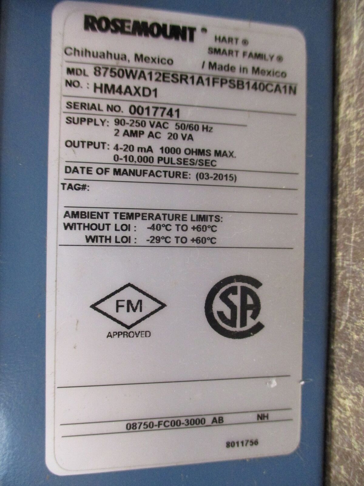Rosemount Flow Transmitter 8750WA12ESR1A1FPSB140CA1N HM4AXD1 Used