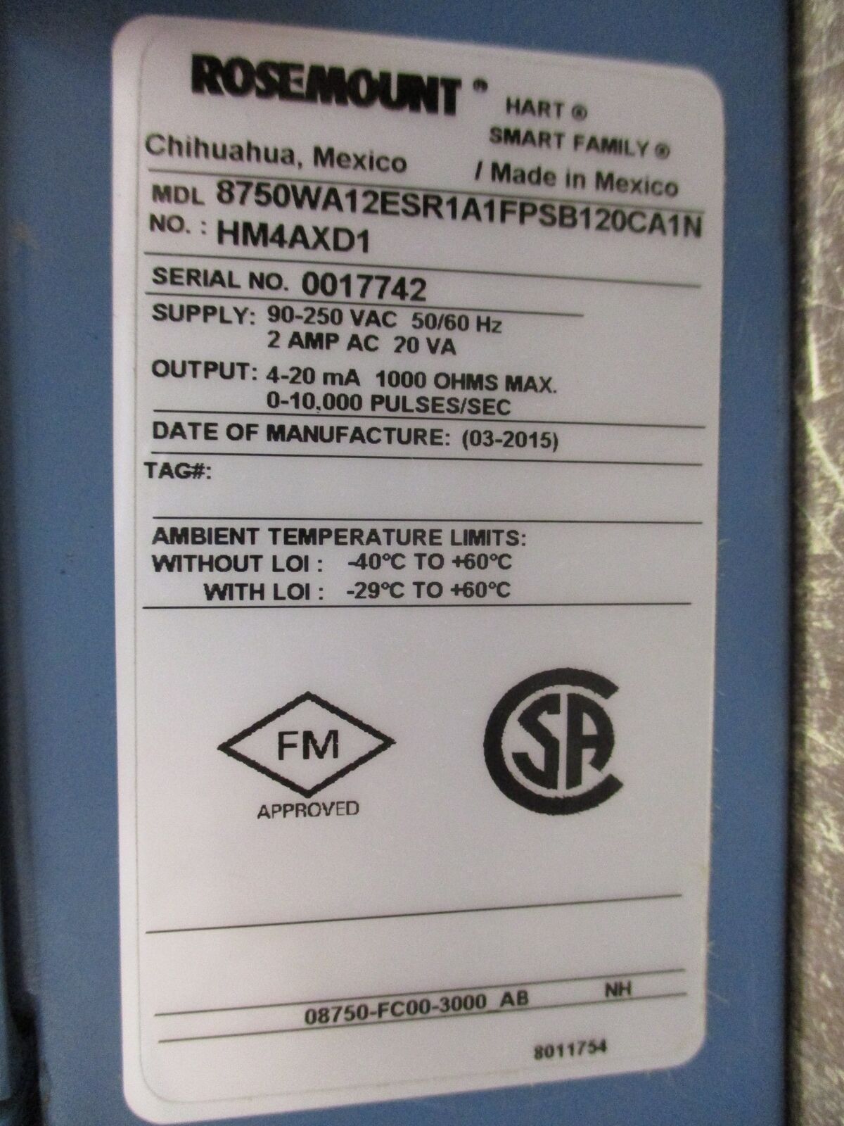 Rosemount Flow Transmitter 8750WA12ESR1A1FPSB120CA1N HM4AXD1 Used