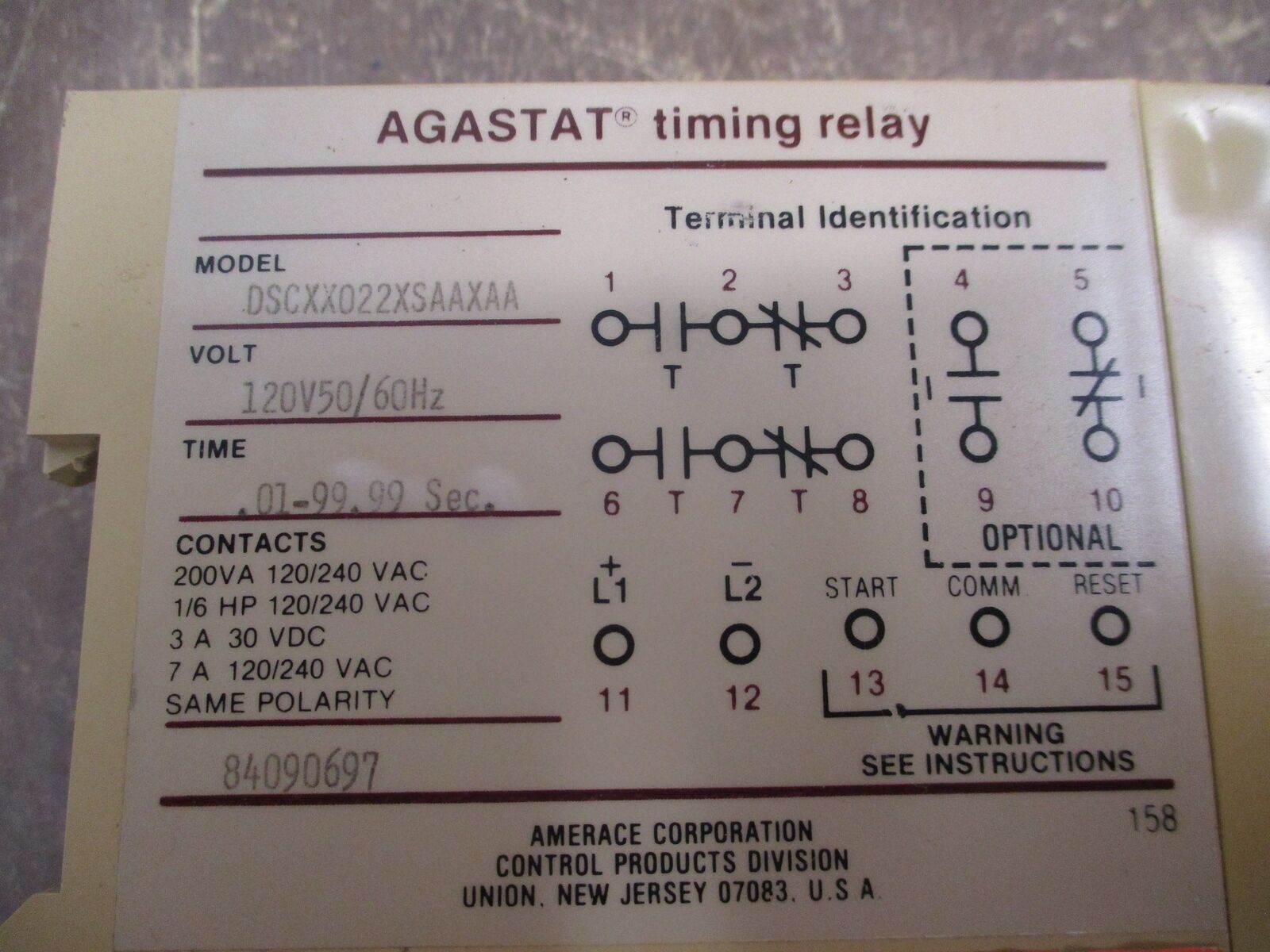 Agastat Timing Relay DSCXX022XSAAXAA 120V .01-99.99 Sec. Range Used