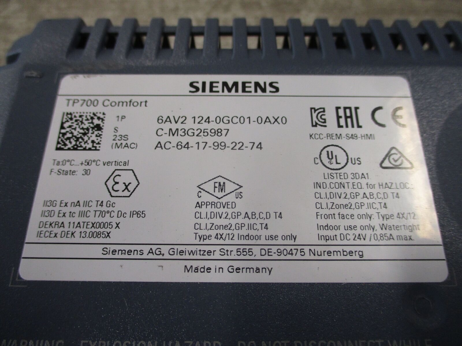Siemens TP700 Comfort Simatic Touch HMI 6AV2 124-0GC01-0AX0 Used