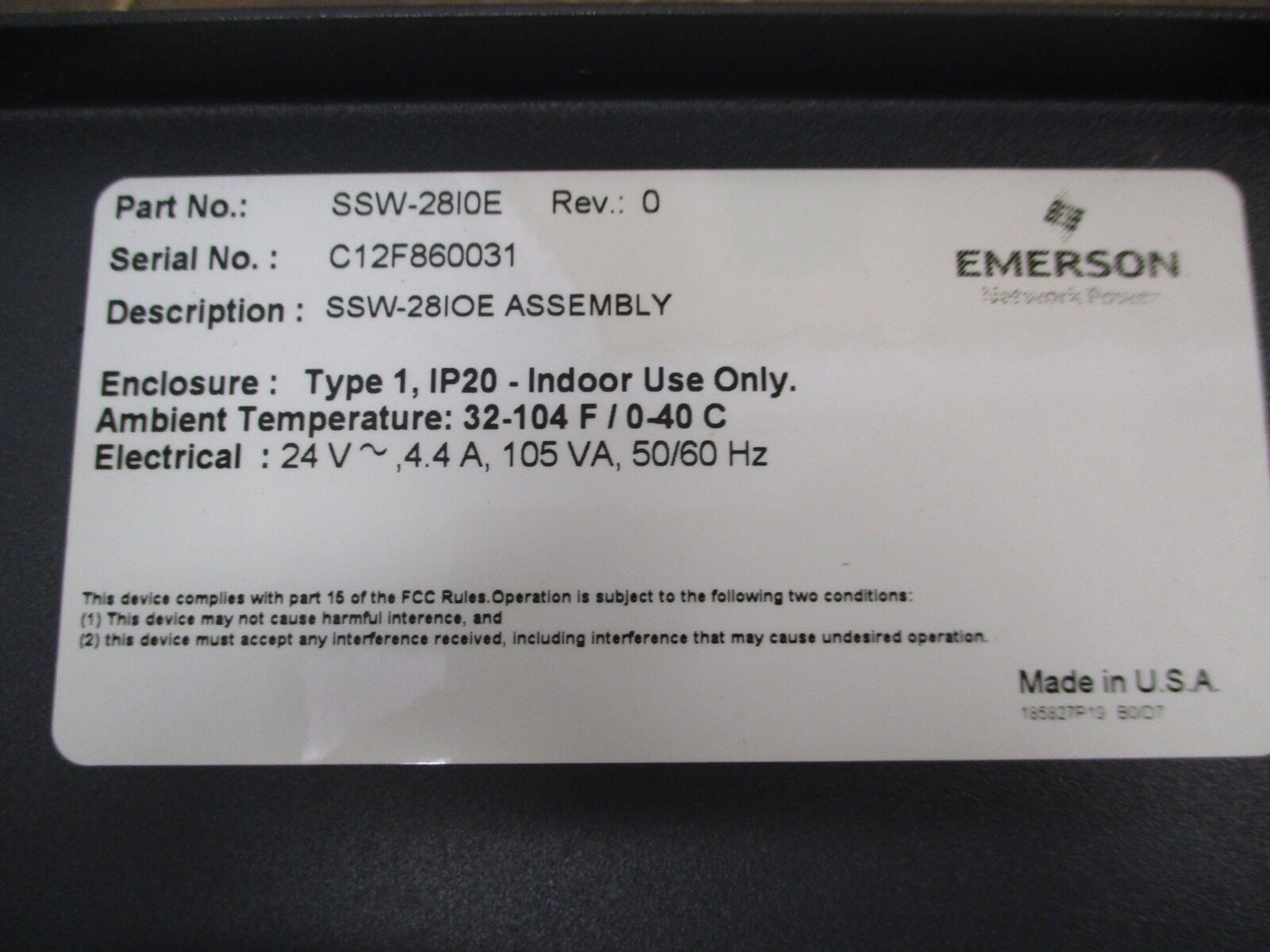 Emerson Liebert I/O Assembly SSW-28IOE Rev. 0 24V 4.4A 105VA 50/60Hz Used