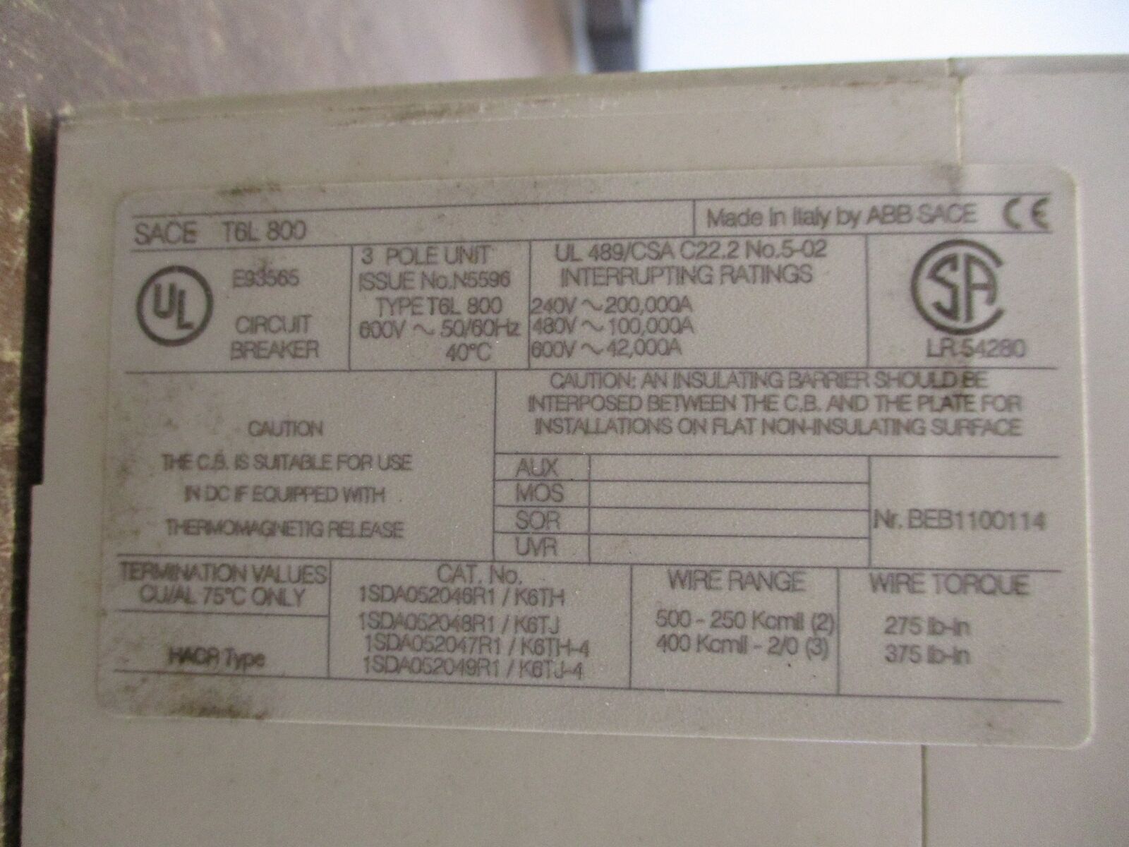 ABB SACE Tmax Breaker Disconnect T6L 800 / PR222DS/P 800A 600V 3P *Broken Top*