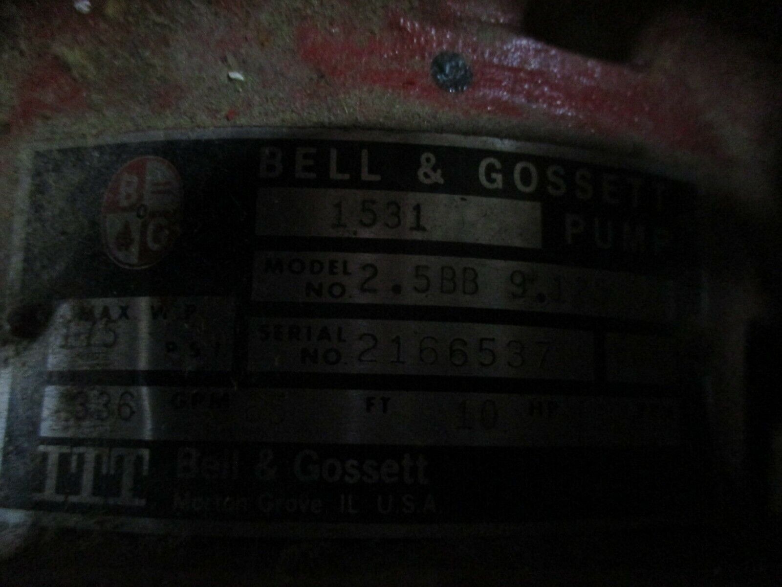 Bell & Gossett 1531 Pump 2.5BB 9.125 10HP 336GPM 65FT Head 175PSI Used