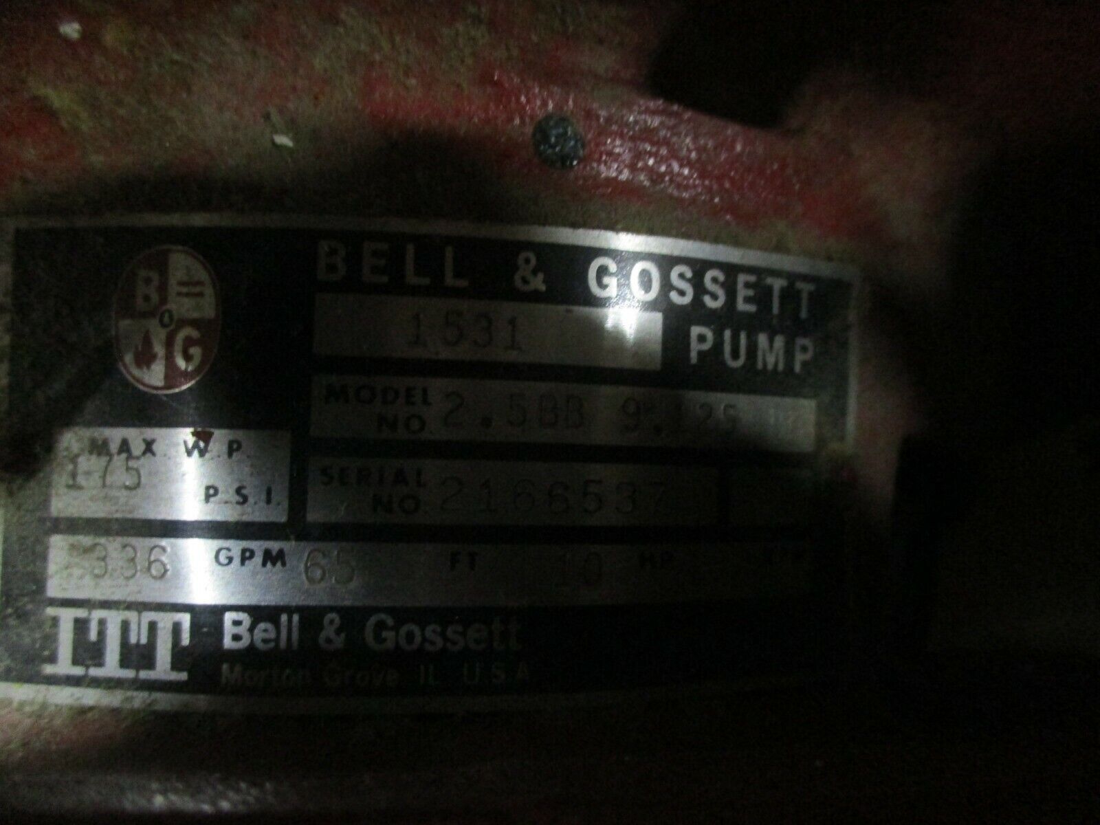 Bell & Gossett 1531 Pump 2.5BB 9.125 10HP 336GPM 65FT Head 175PSI Used