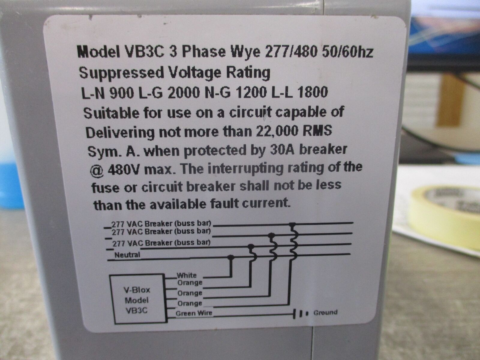 V-Blox Surge Suppressor VB-3C 277/480V 3Ph 50/60Hz Ratings: 900V L-N / 2000V L-G