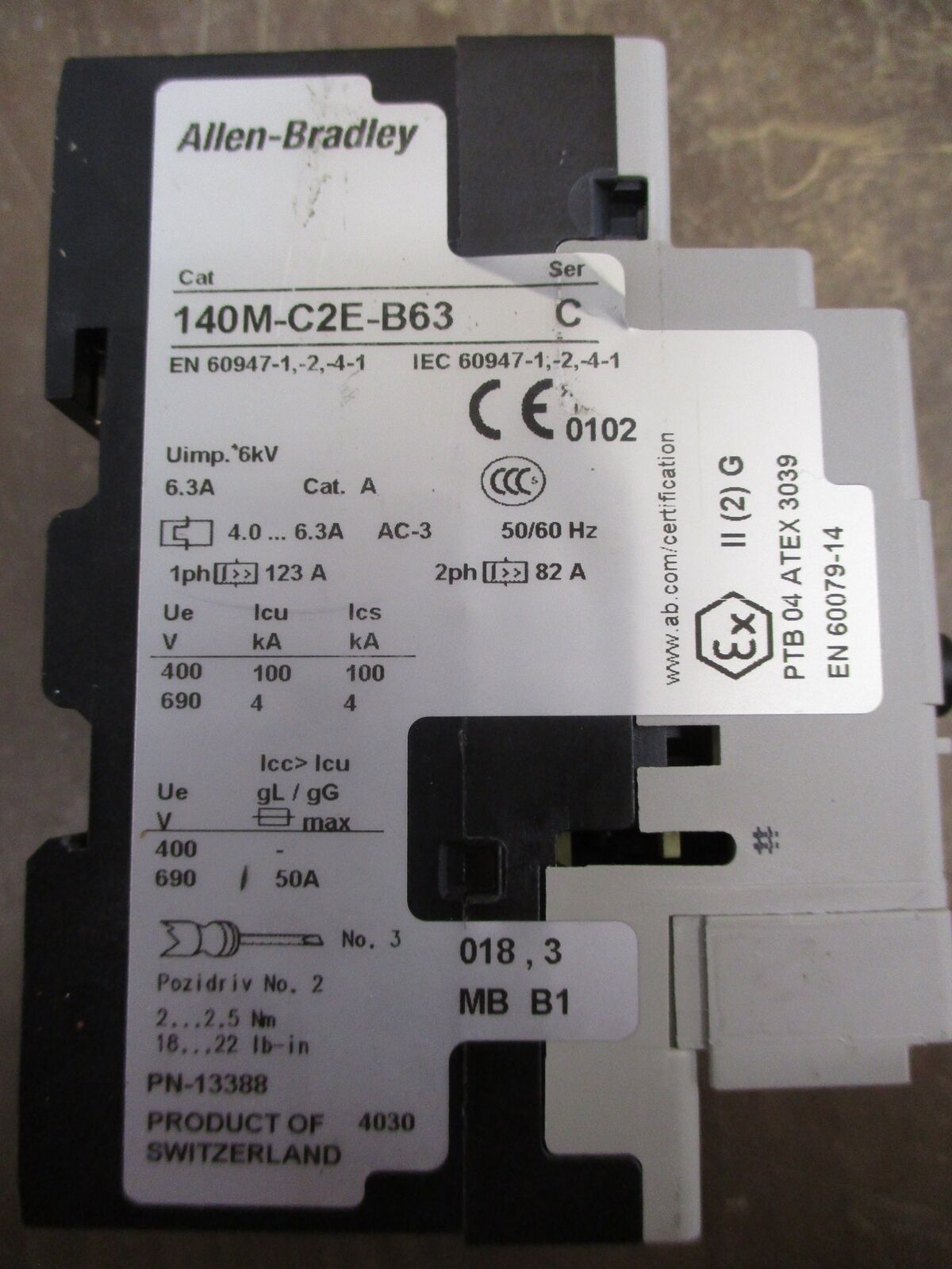 Allen-Bradley Manual Motor Protector 140M-C2E-B63 Ser. C Trip: 4.0-6.3A