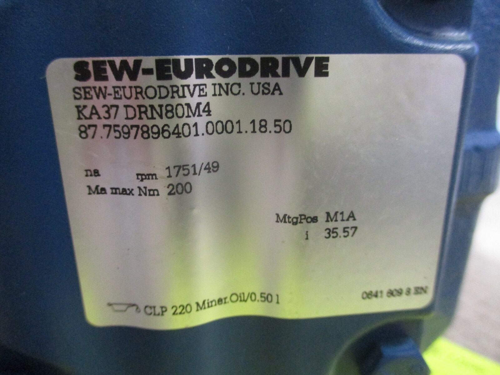 Sew Eurodrive Gear Motor KA37 DRN80M4 1HP 49RPM Output 230/460V 60Hz 3Ph