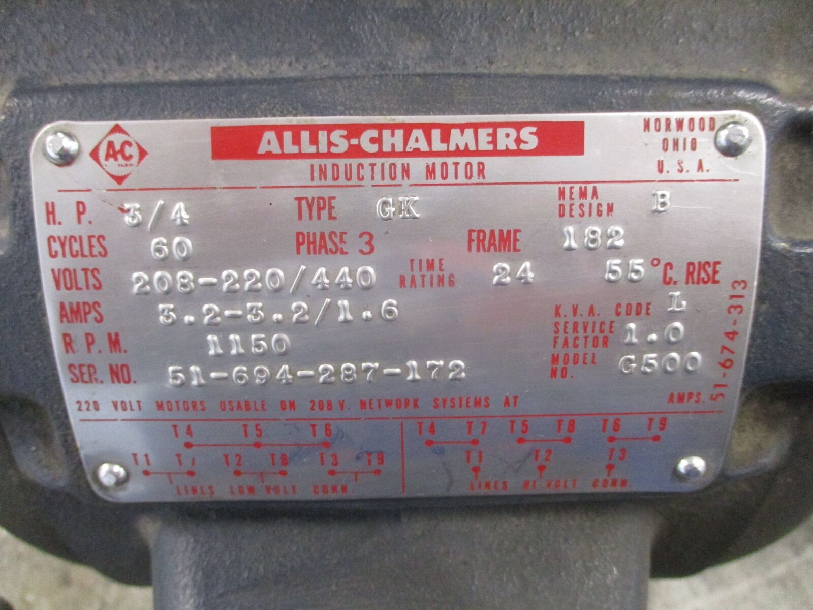 Allis-Chalmers Motor G500 3/4HP 208-220/440V 1150RPM Frame 182 3.2-3.2/1.6A Used