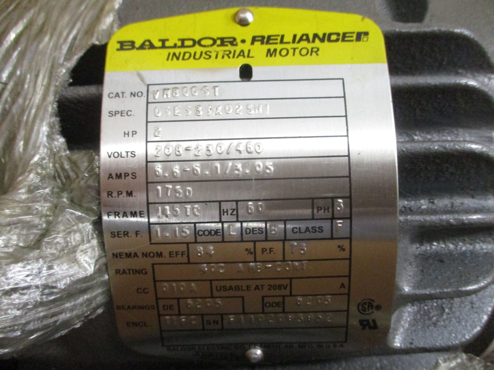 Baldor Reliancer Motor F1102095952 2HP 208-230/460V 1750RPM New Surplus