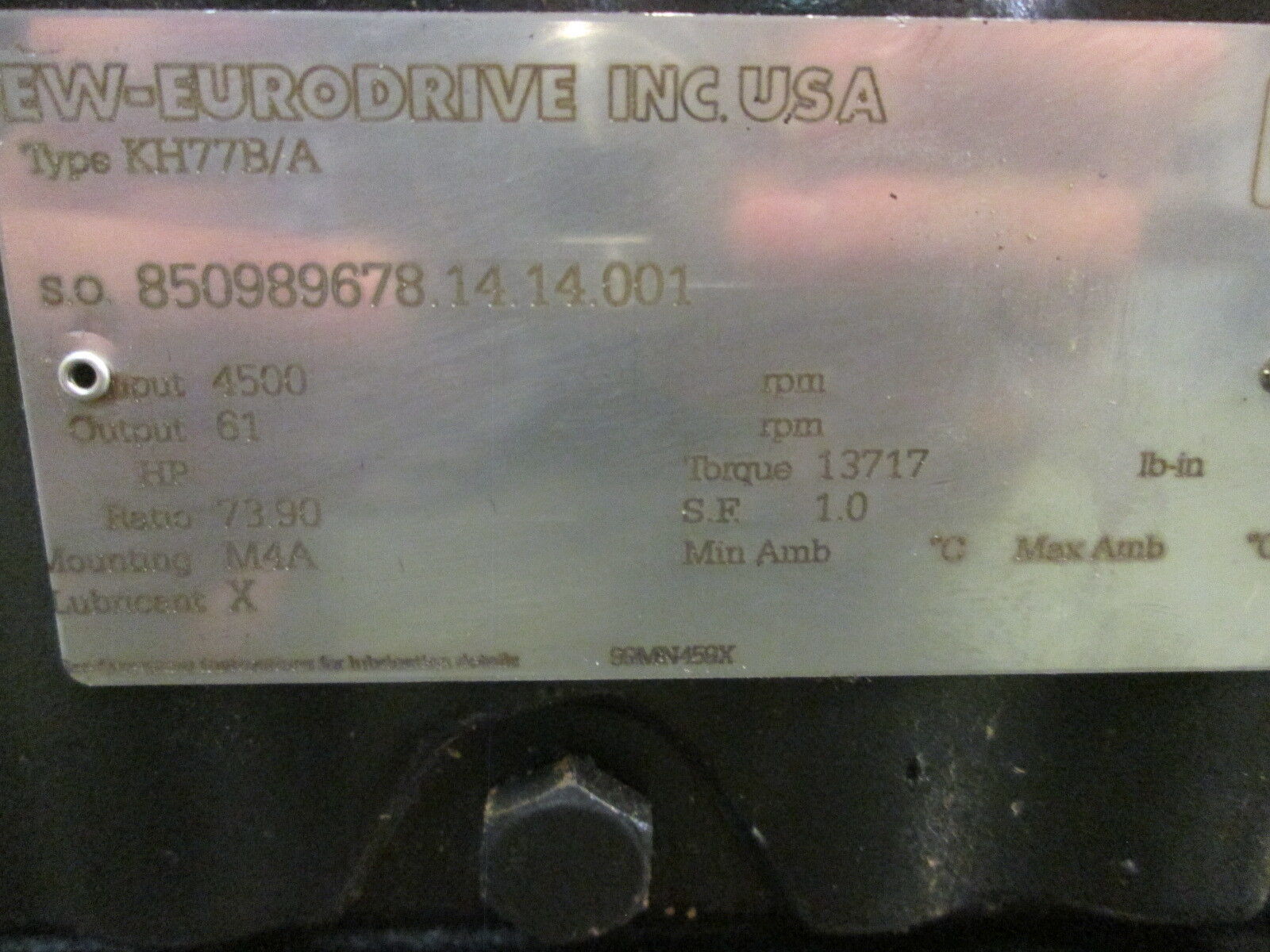Sew-Eurodrive Helical-Bevel Gear KH77B/A 73.9 ratio M4A Mounting 4500 RPM in