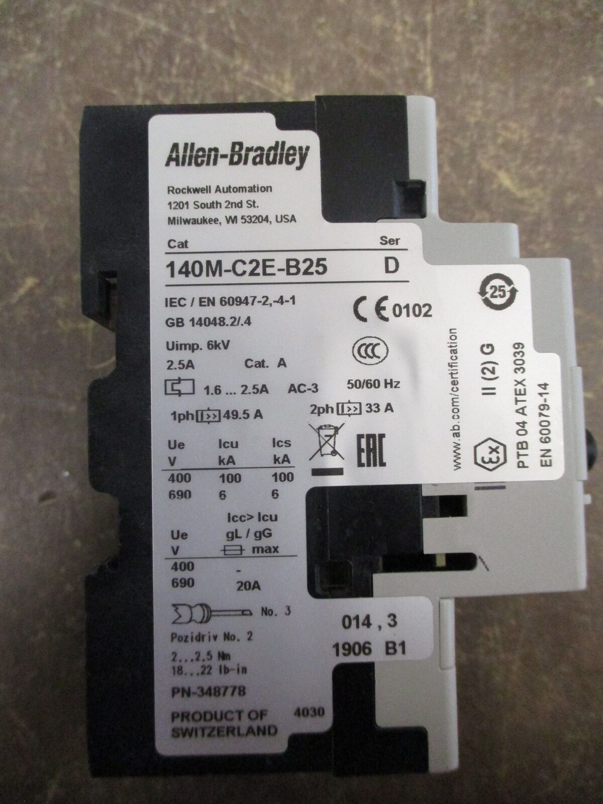 Allen-Bradley Manual Motor Protector 140M-C2E-B25 Ser. D Trip: 1.6-2.5A