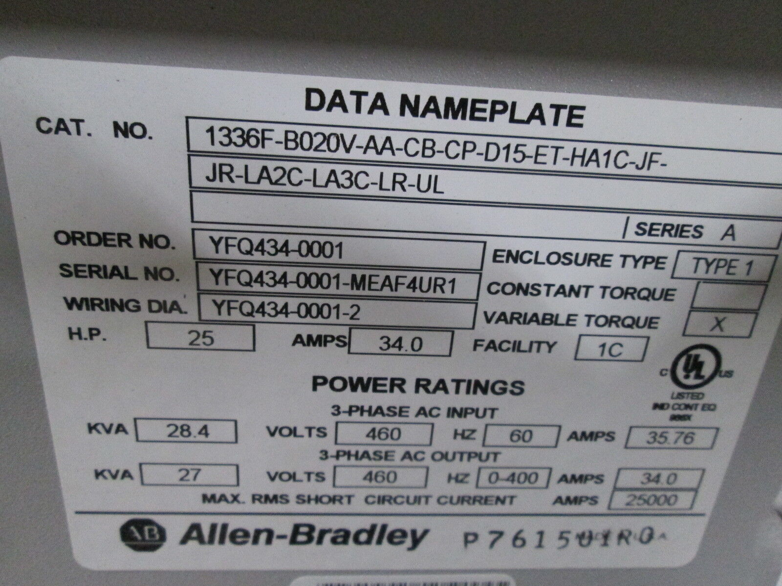 Allen-Bradley 1336 Plus II AC Drive 1336F-B020-AN-EN-L6 25HP 21-26KVA 380-480V