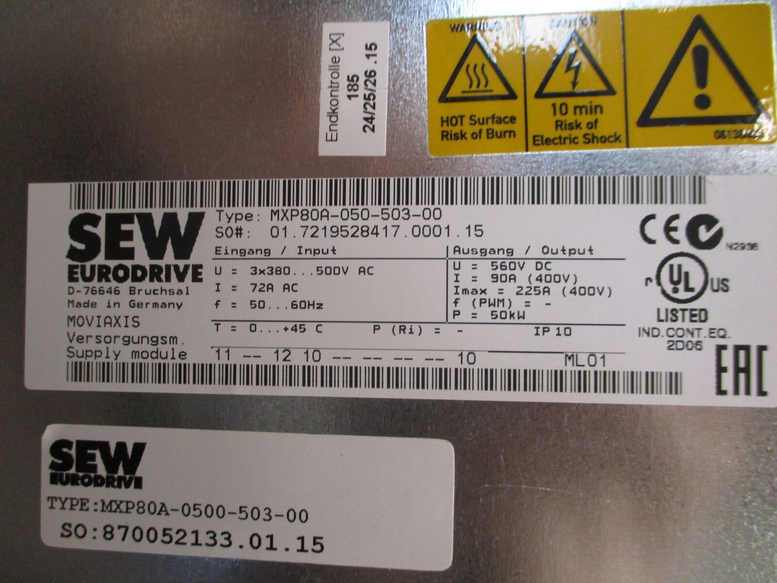 Sew-Eurodrive Moviaxis Servo Drive Supply Module MXP80A-050-503-00 50kW Used