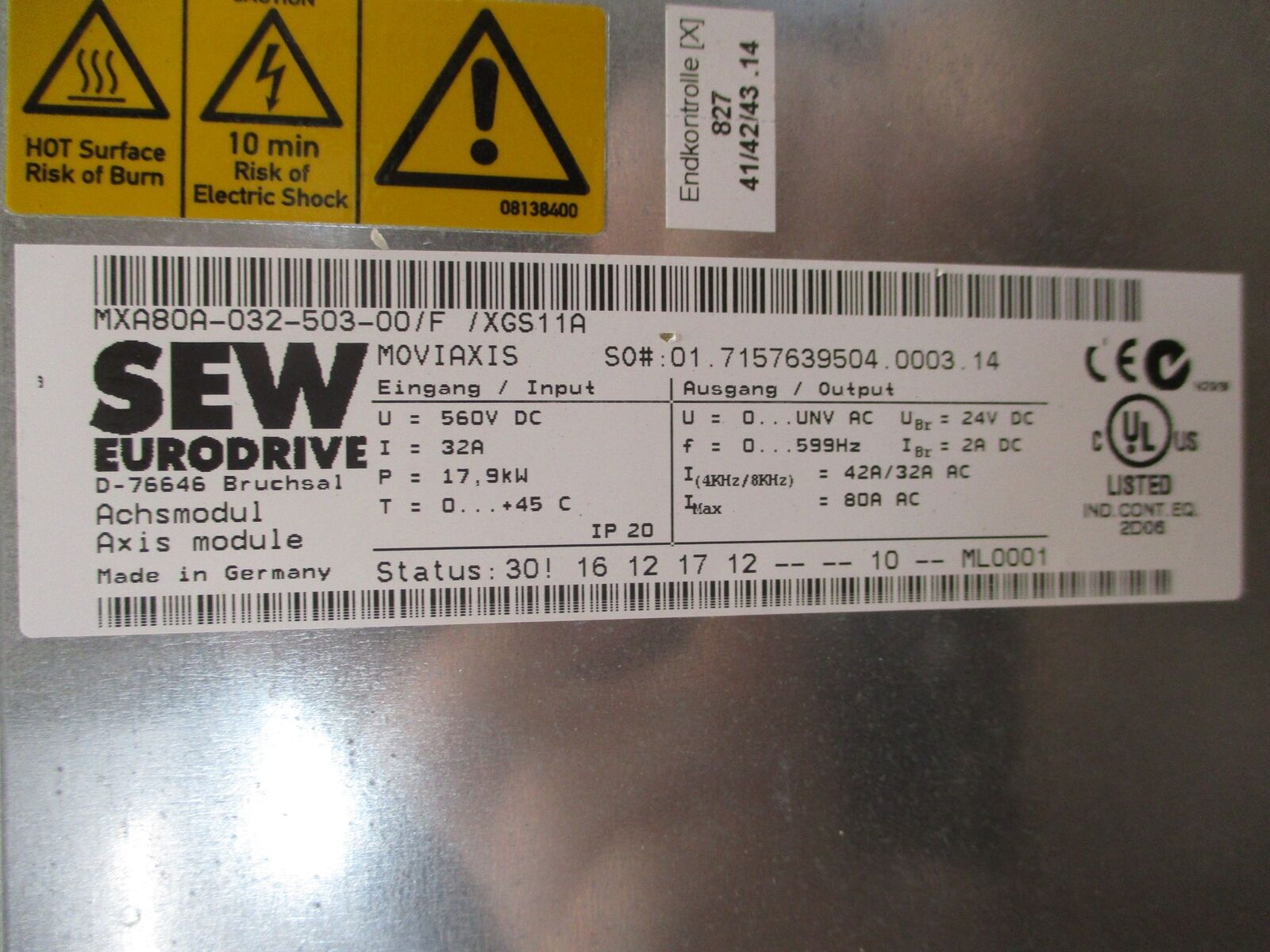 Sew-Eurodrive Moviaxis Servo Drive Axis Module MXA80A-032-503-00/F/XGS11A 17.9kW