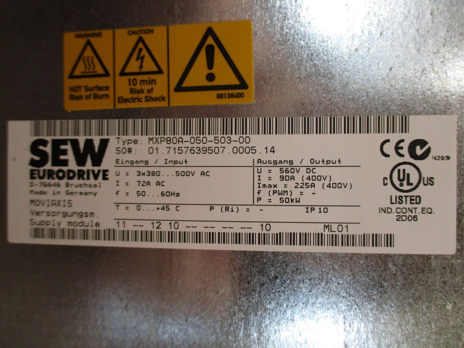 Sew-Eurodrive Moviaxis Servo Drive Supply Module MXP80A-050-503-00 50kW Used