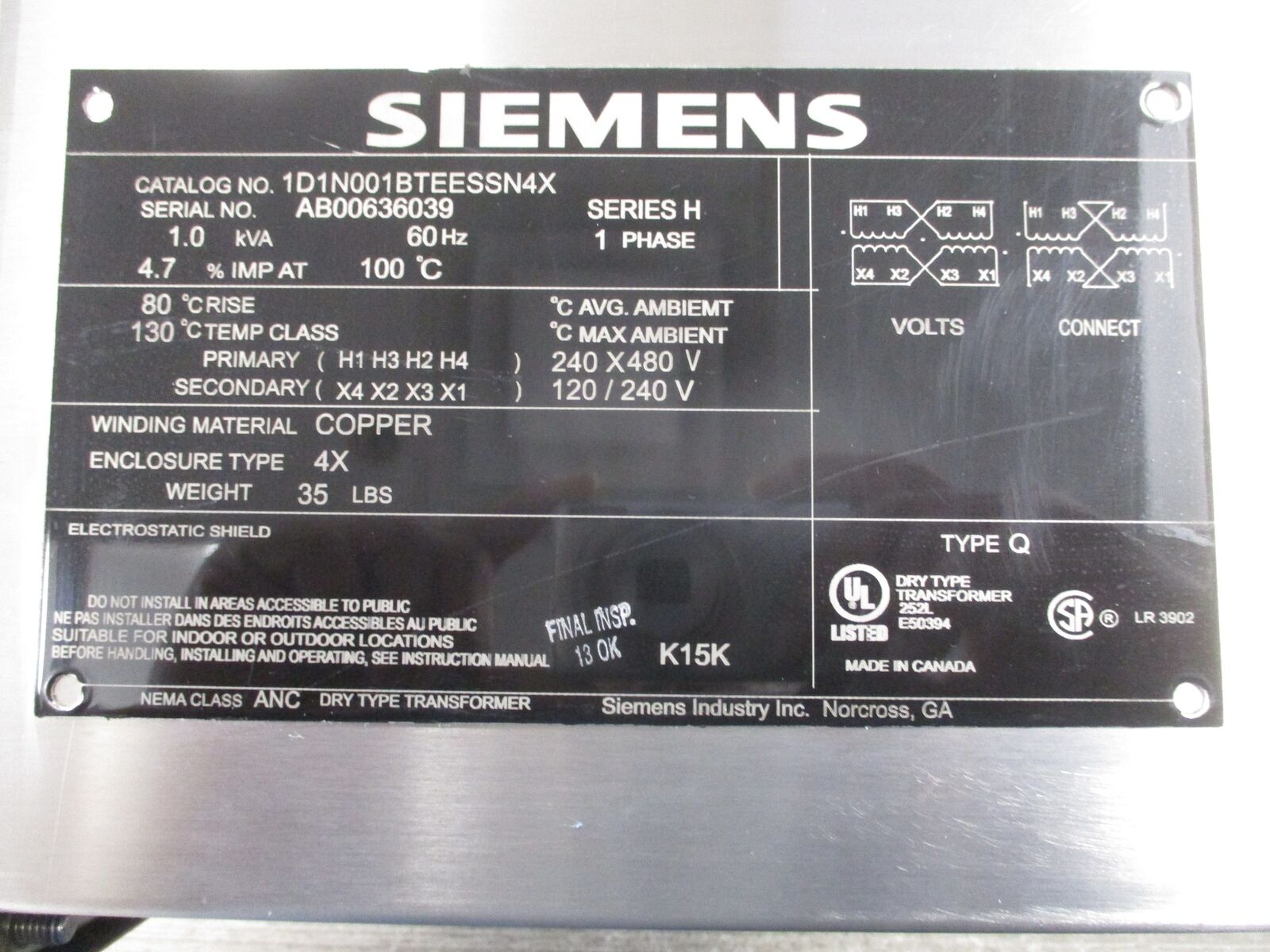 Siemens 4X Enclosure 1D1N001BTEESSN4X Ser. H 1.0kVA Pri: 240/480V Sec: 120/240V