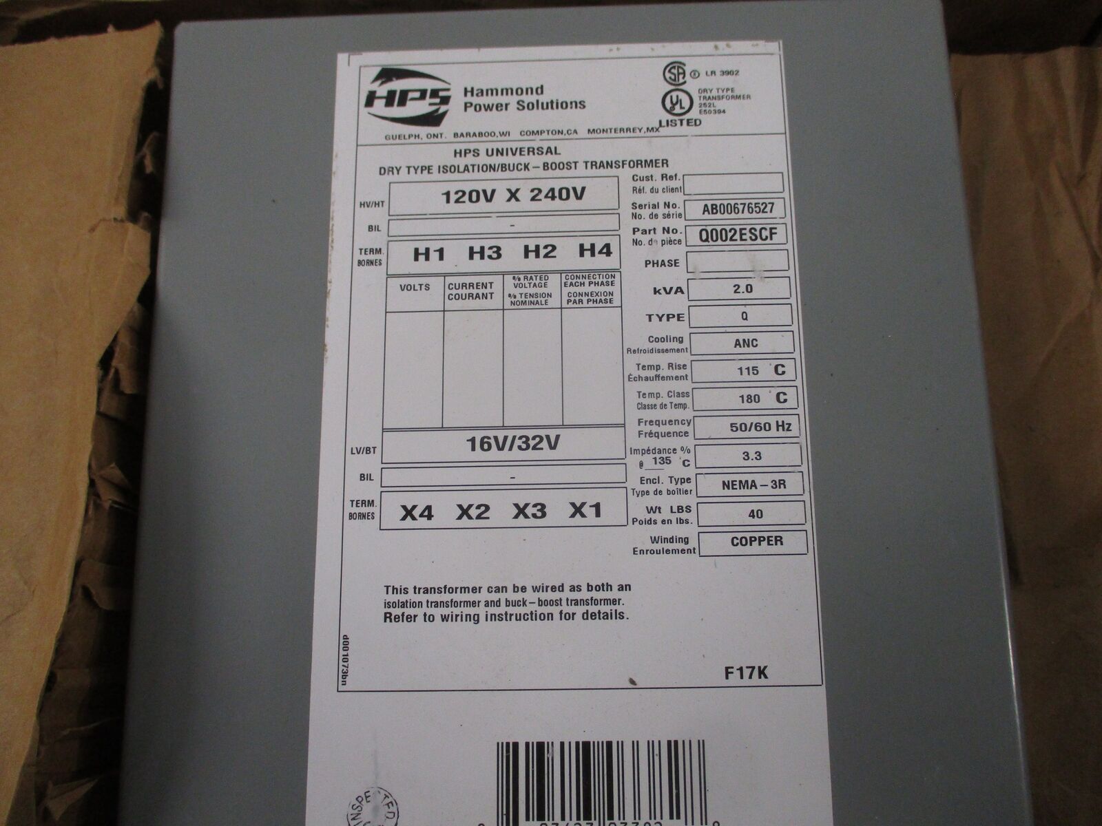 Hammond 3R Transformer Q002ESCF 2kVA Pri: 120/240V SEC: 16/32V 50/60Hz New Surpl