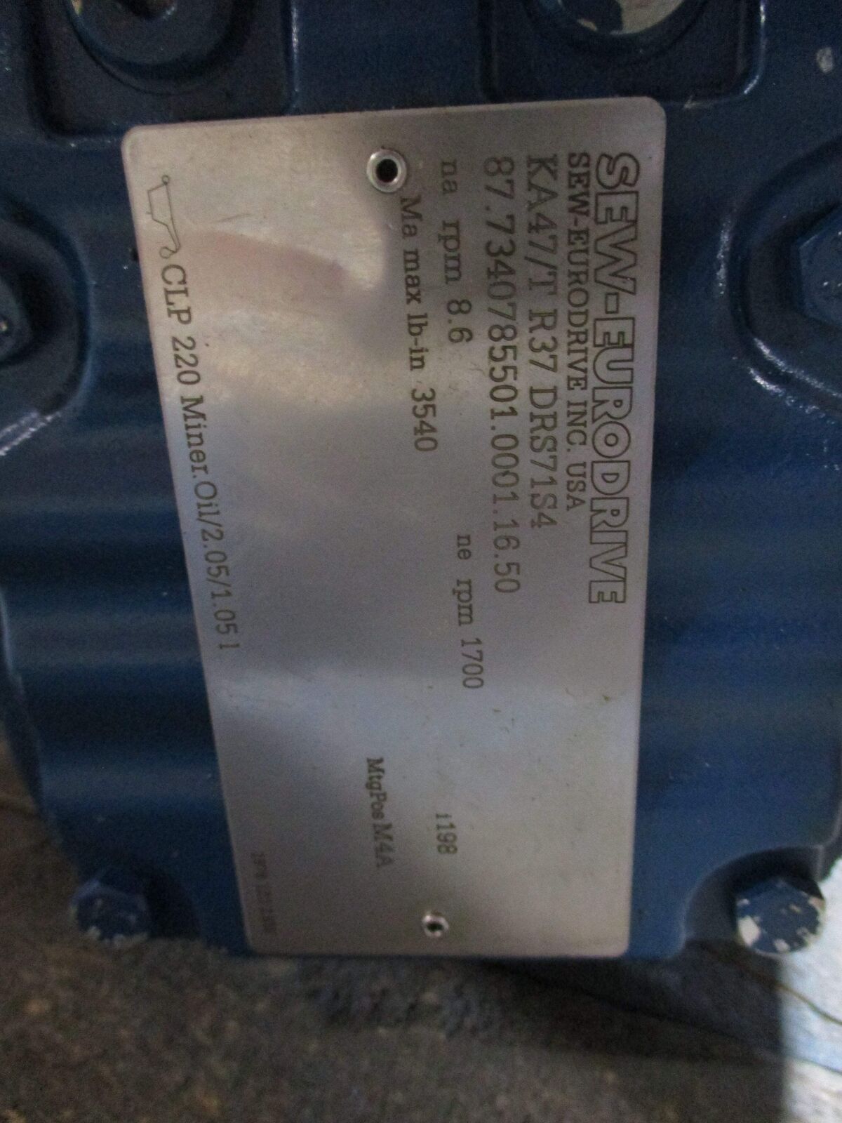 Sew-Eurodrive Gearmotor KA47/T R37 DRS71S4 0.50HP 8.6RPM Output 230/460V 3Ph 60H