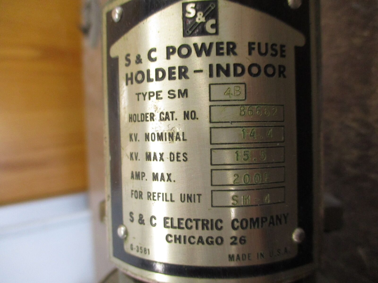 S&C Type SM-4B Fuse Holder 86662 14.4kV 200E Max 100E Refill Used