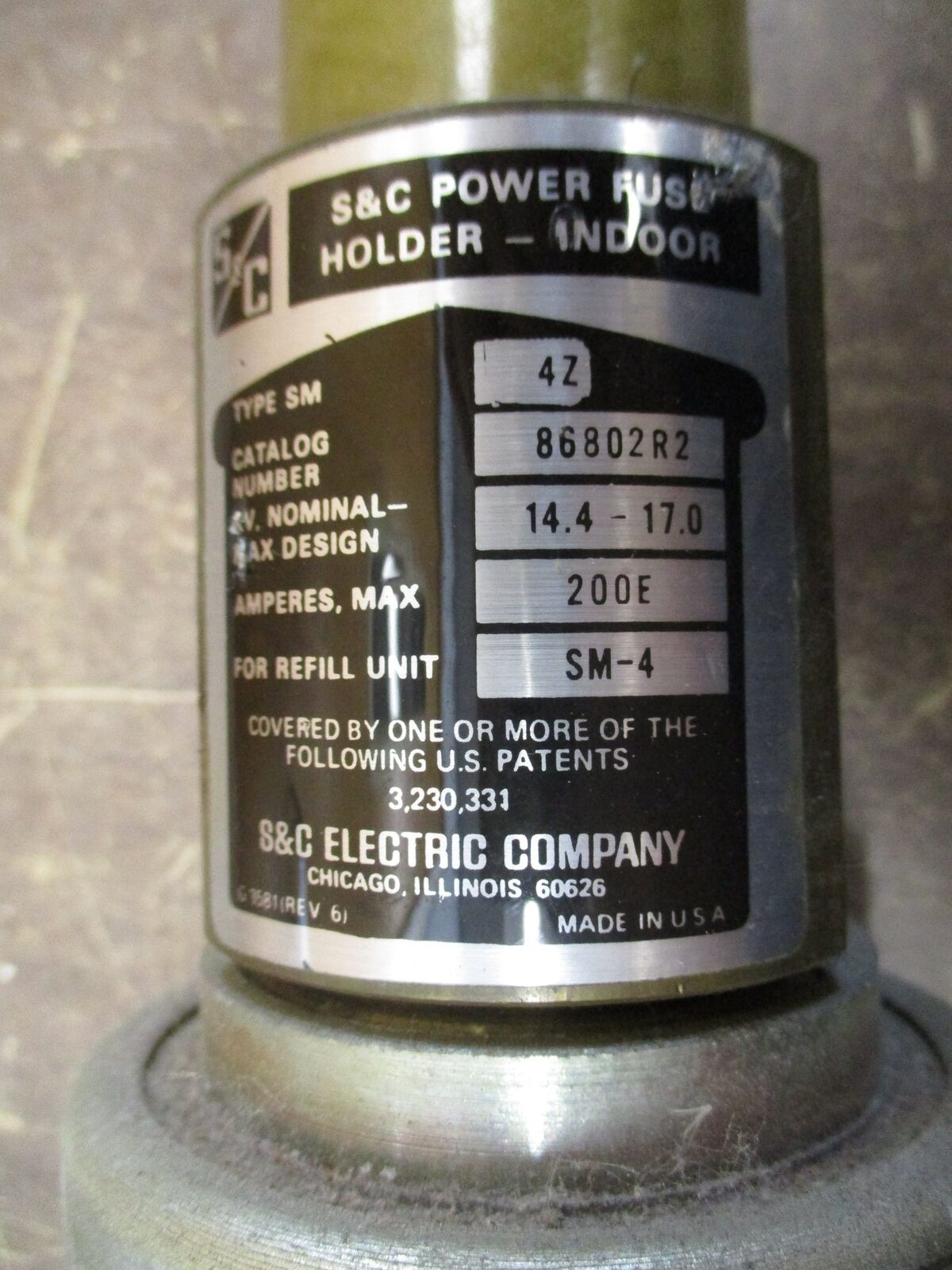 S&C Type SM-4Z Fuse Holder 86802R2 14.4kV 200E Max 150E Refill Used