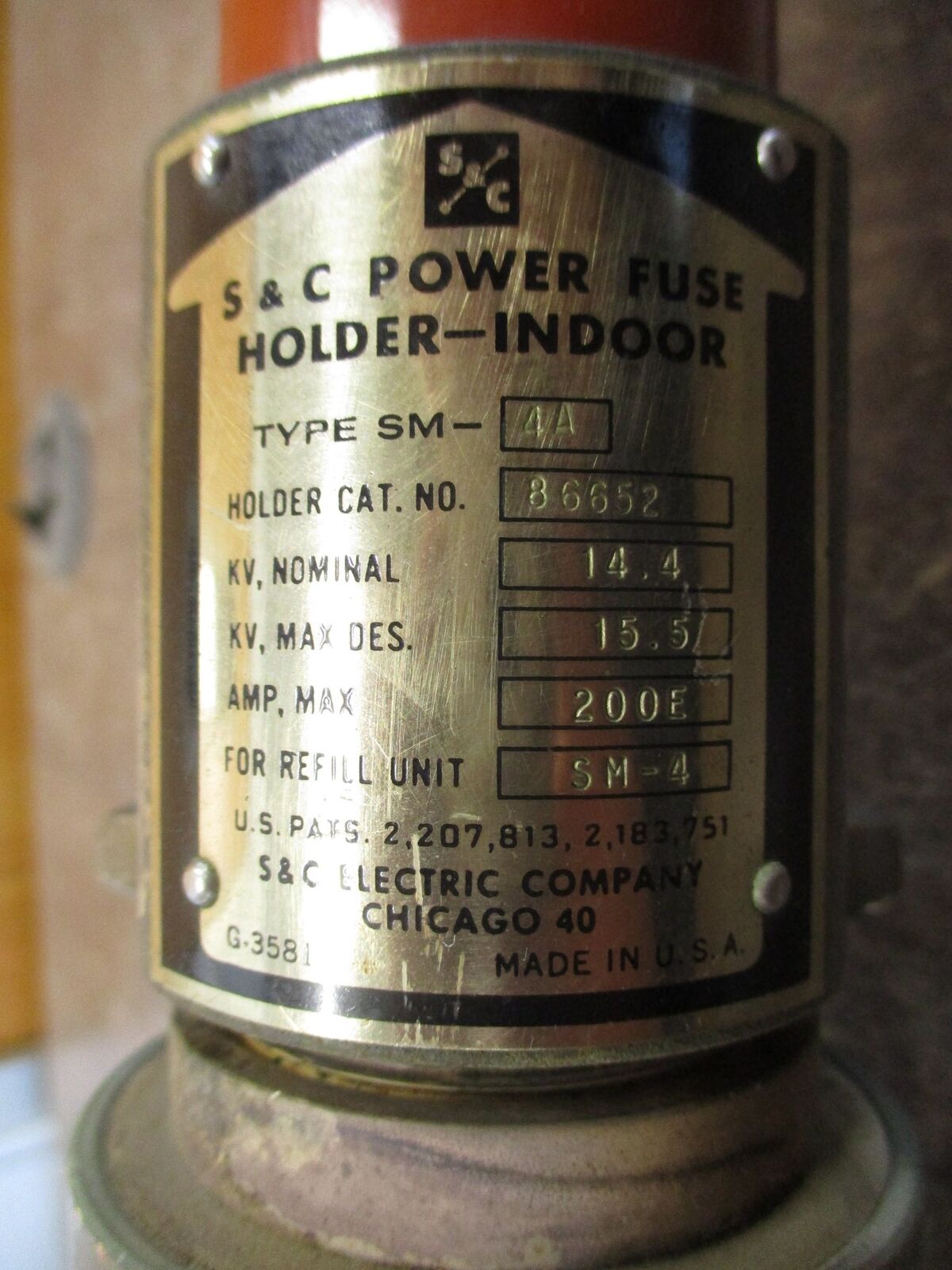 S&C Type SM-4A Fuse Holder 86652 14.4kV 200E Max 30E Refill Used