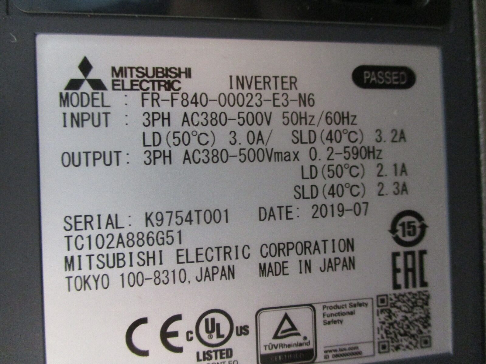 Mitsubishi F800-E AC Drive FR-F840-00023-E3-N6 1HP 3Ph w/ Keypad Used