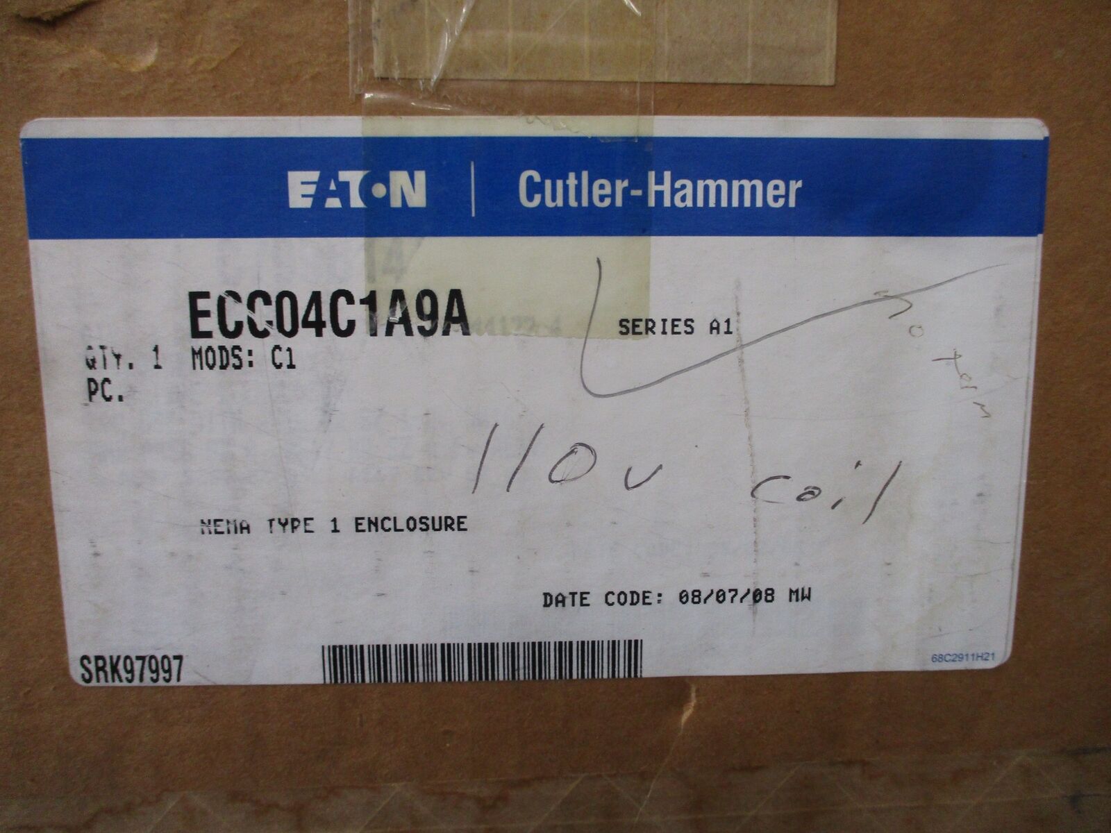 Eaton Enclosed Lighting Contactor ECC04C1A9A Ser. A1 115-120V Coil Type 1 Enclos