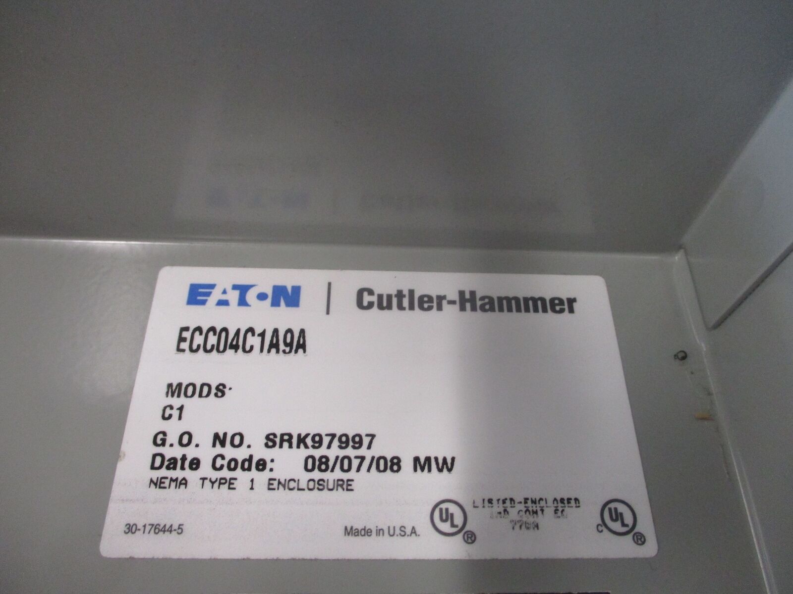 Eaton Enclosed Lighting Contactor ECC04C1A9A Ser. A1 115-120V Coil Type 1 Enclos