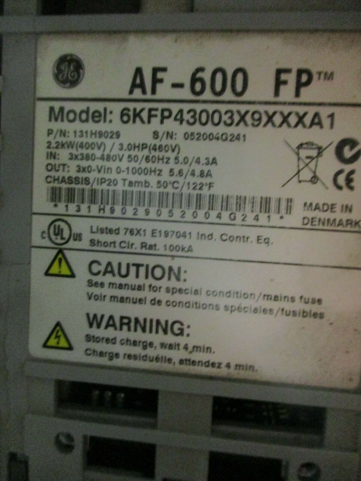 GE AF-600 FP AC Drive w/ Bypass 6KFPH30031RD4XX 3HP 3Ph 460V Used