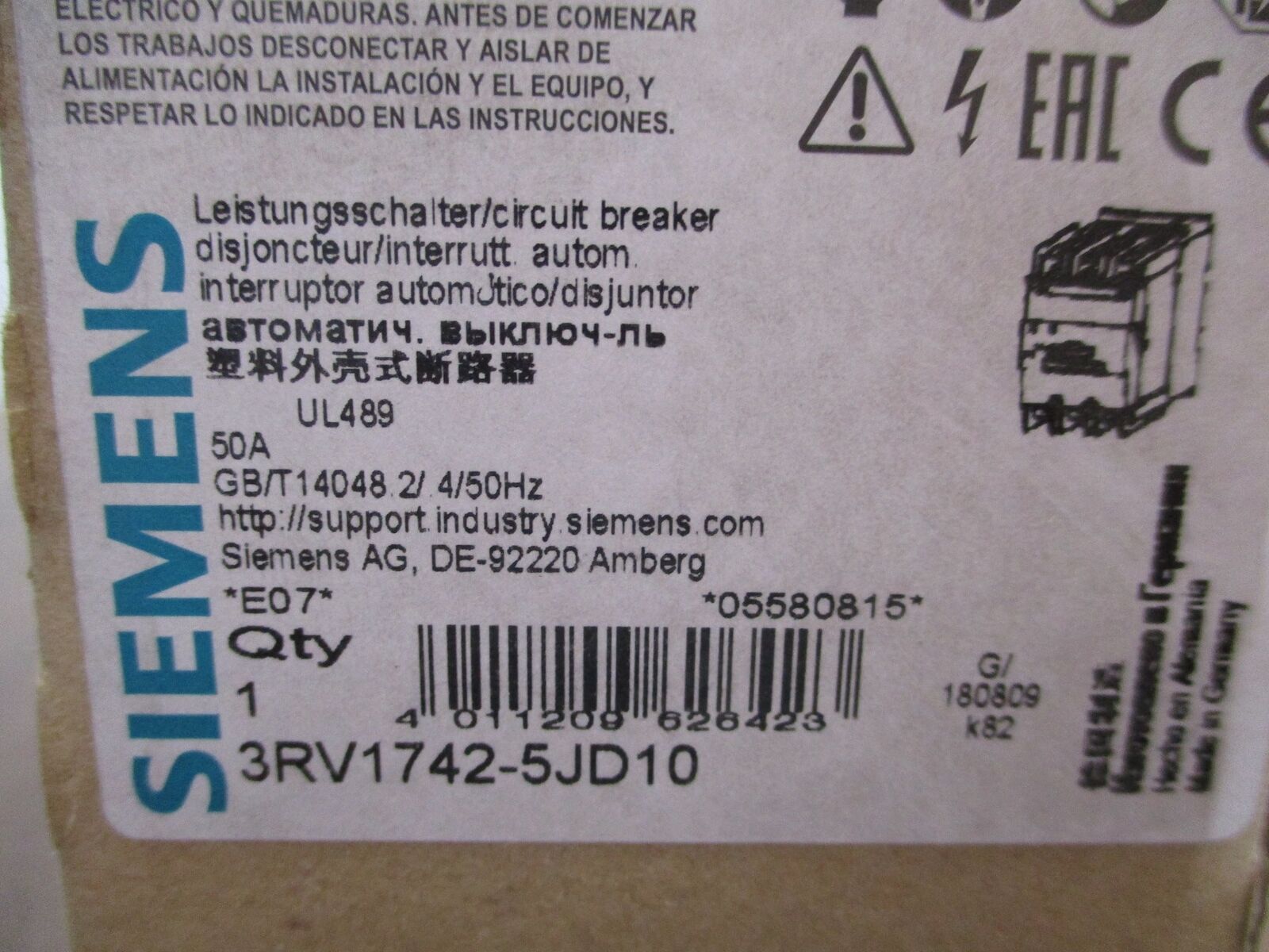Siemens Circuit Breaker 3RV1742-5JD10 50A 600V New Surplus