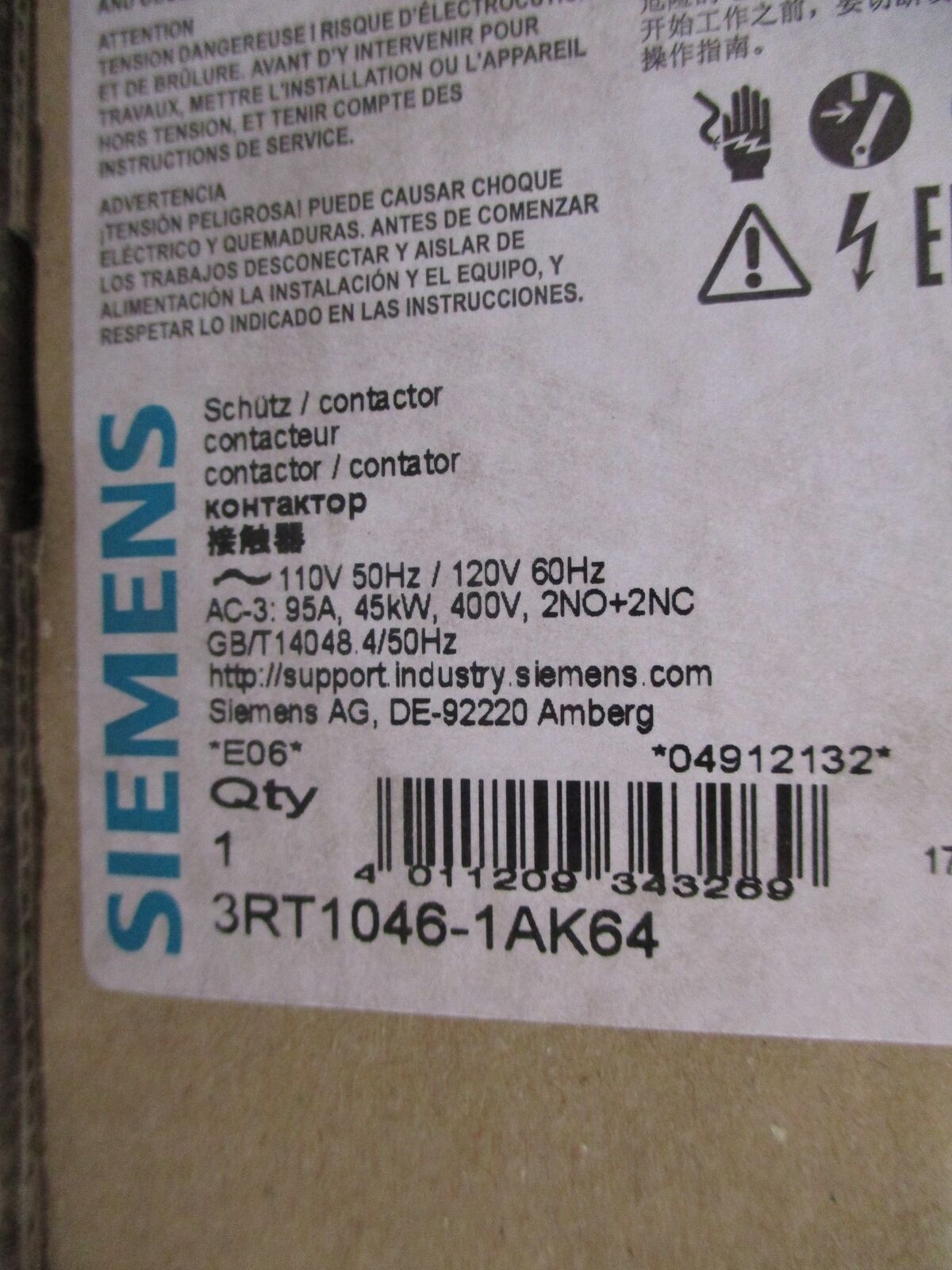 Siemens Contactor 3RT1046-1AK64 120V Coil 95A New Surplus