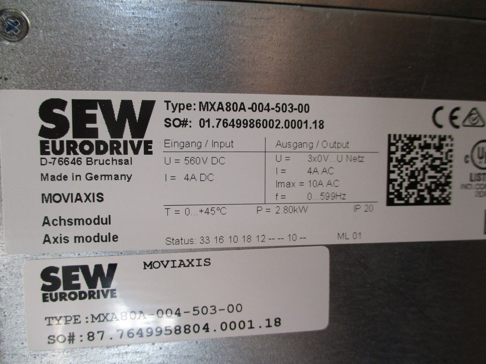Sew-Eurodrive Moviaxis Servo Drive Axis Module MXA80A-004-503-00 2.80kW Used