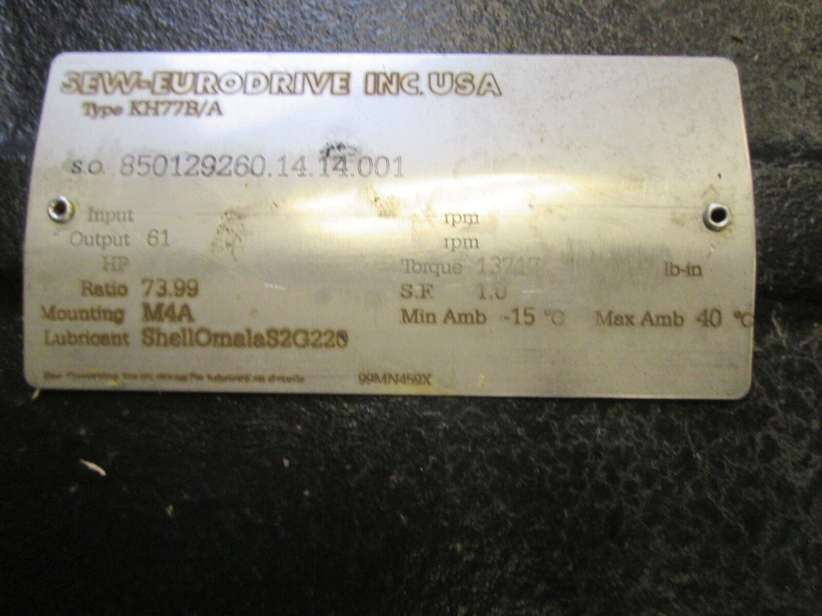 Sew-Eurodrive Helical-Bevel Gear KH77B/A 73.99 ratio M4A Mounting 4500 RPM in