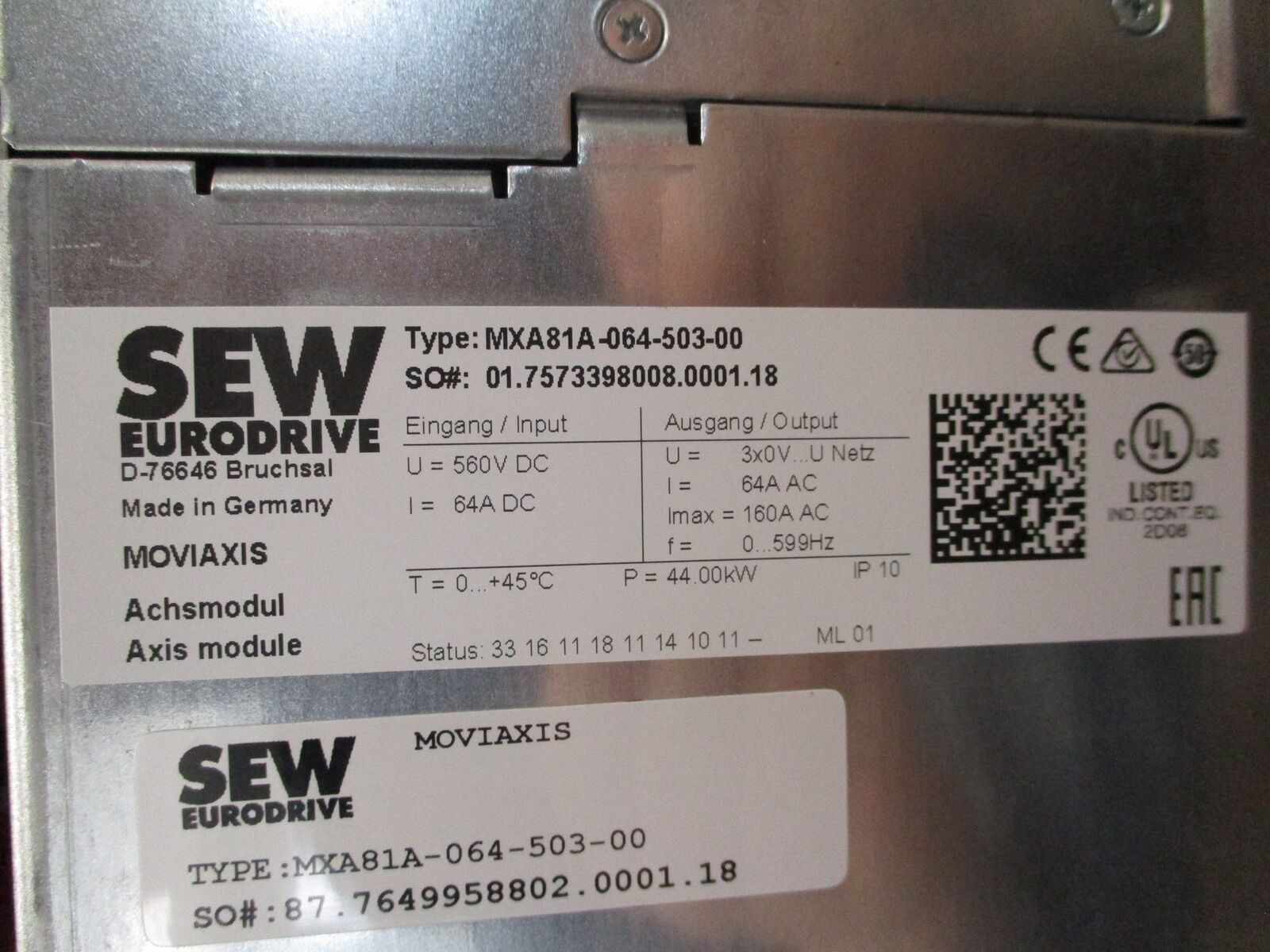 Sew-Eurodrive Moviaxis Servo Drive Axis Module MXA81A-064-503-00 44kW Used