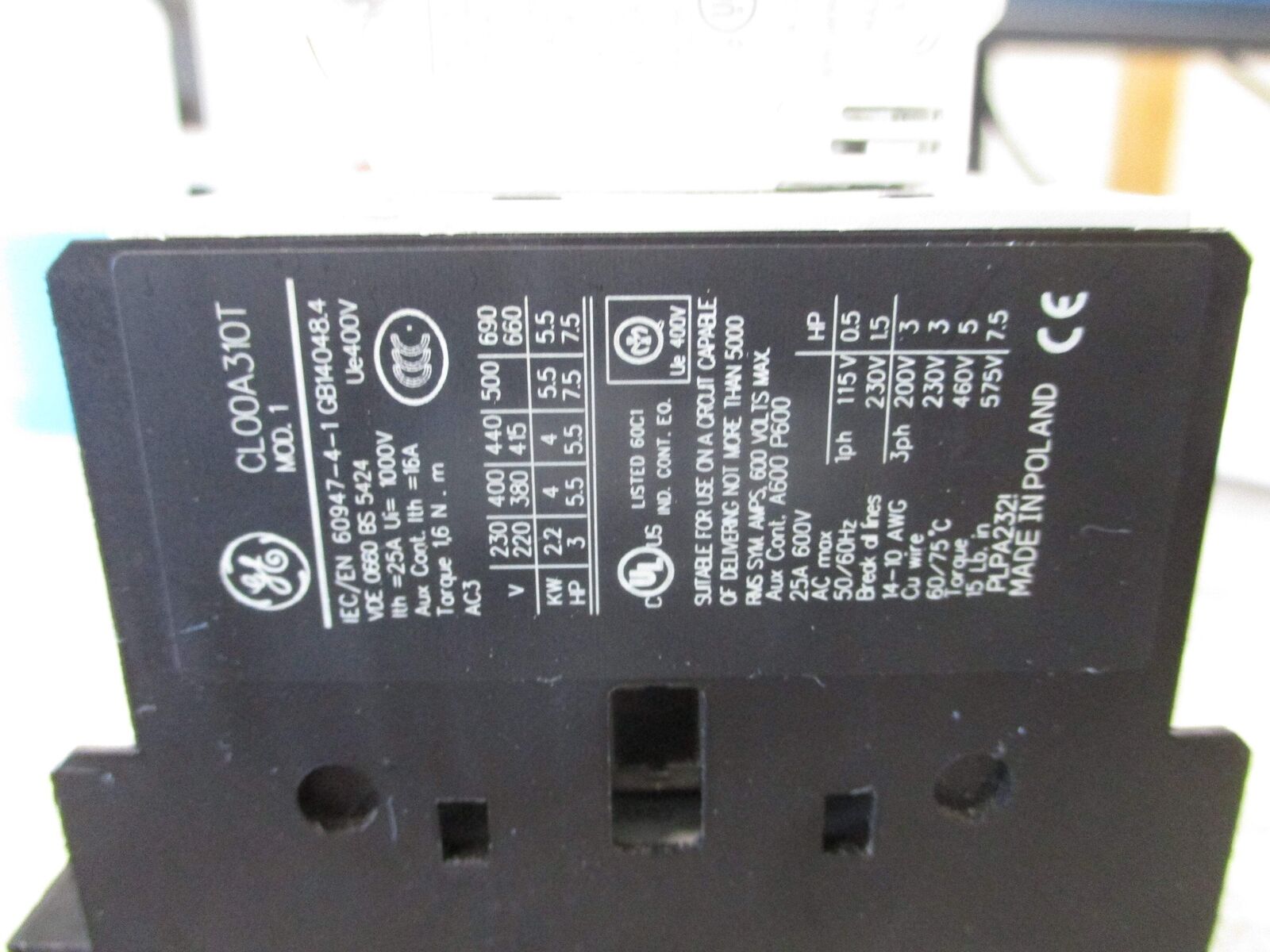 GE Contactor CL00A310T 120V Coil 25A 600V (2) Aux Contacts W/Coupler Used