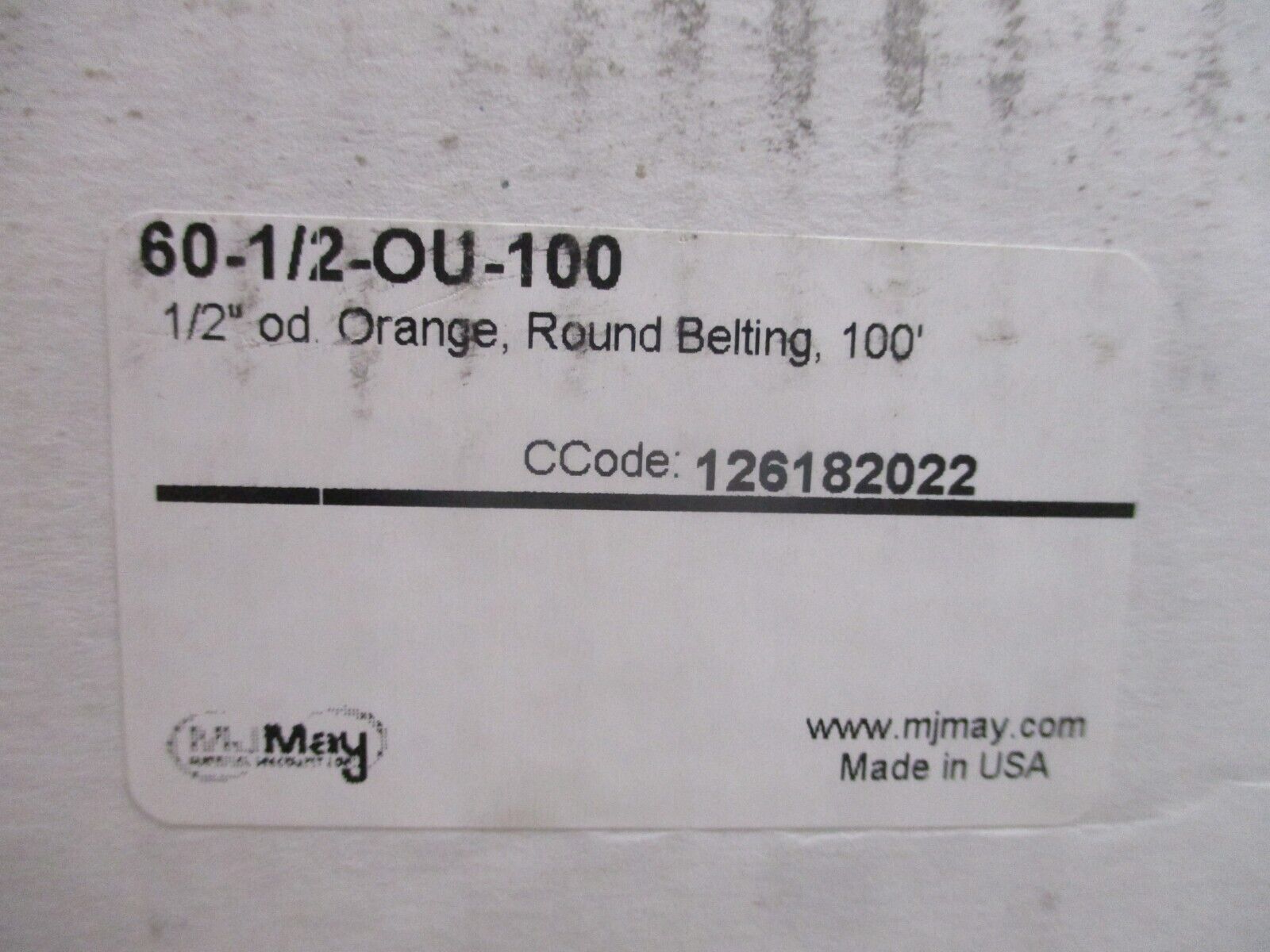 MJ May Orange Round Belting 60-1/2-OU-100 1/2" OD Length ; 100 ft New Surplus