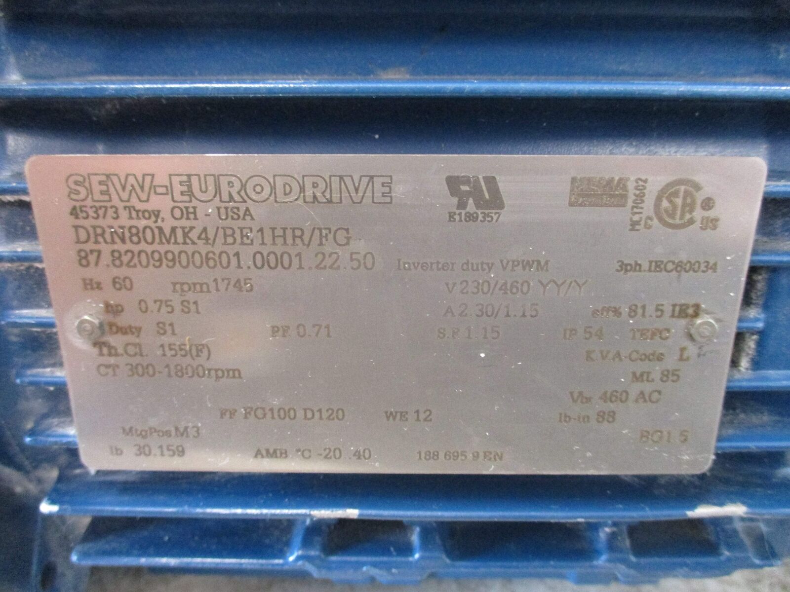 Sew-Eurodrive Gearmotor SA47/T DRN80MK4/BE1HR Ratio 10.80 162RPM Output 0.75HP 2