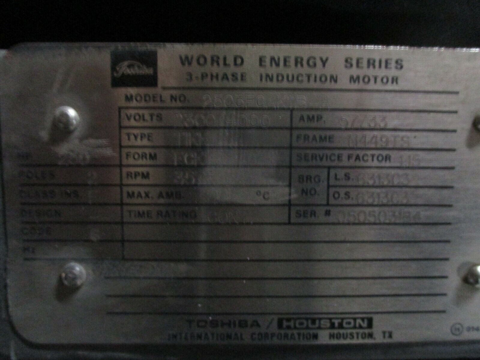 Toshiba AC Motor 2503FCAK11B-A 250HP 3600RPM 2300/4000V 57733A New Surplus