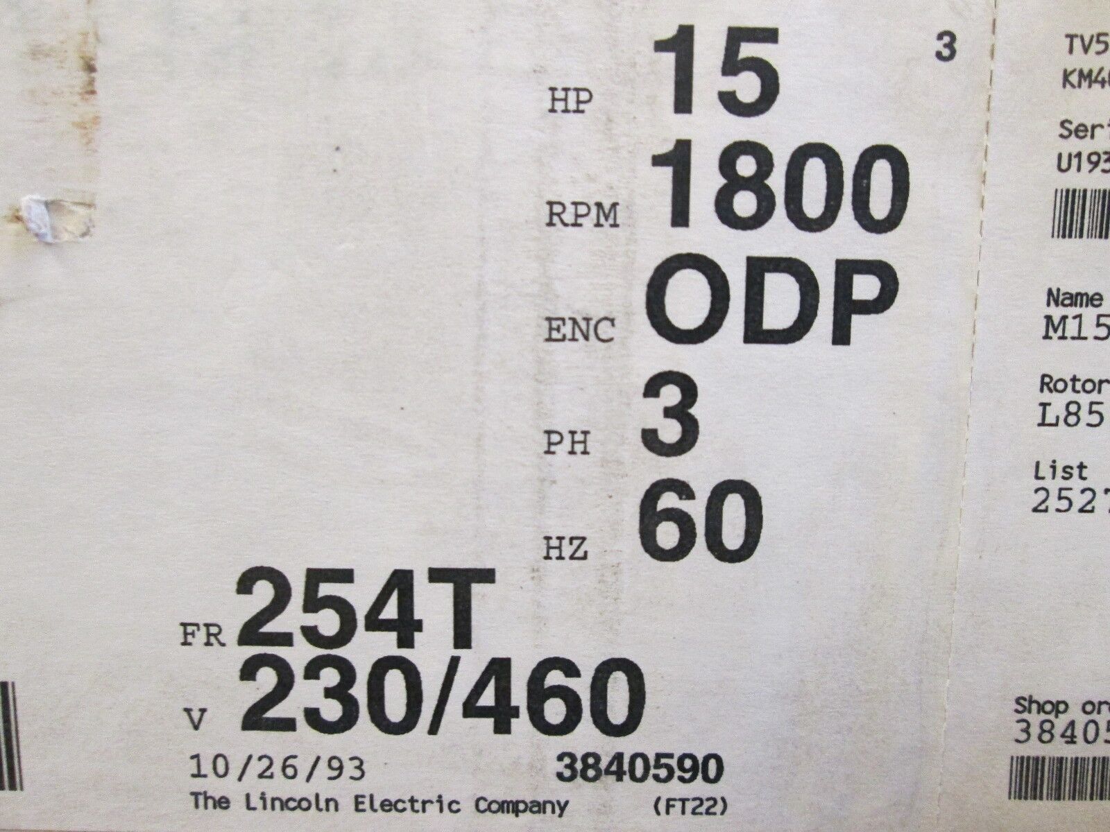 Lincoln Electrical AC Motor TV5169 15 HP 1800 RPM ODP Enclosure 3 PH 230/460 V