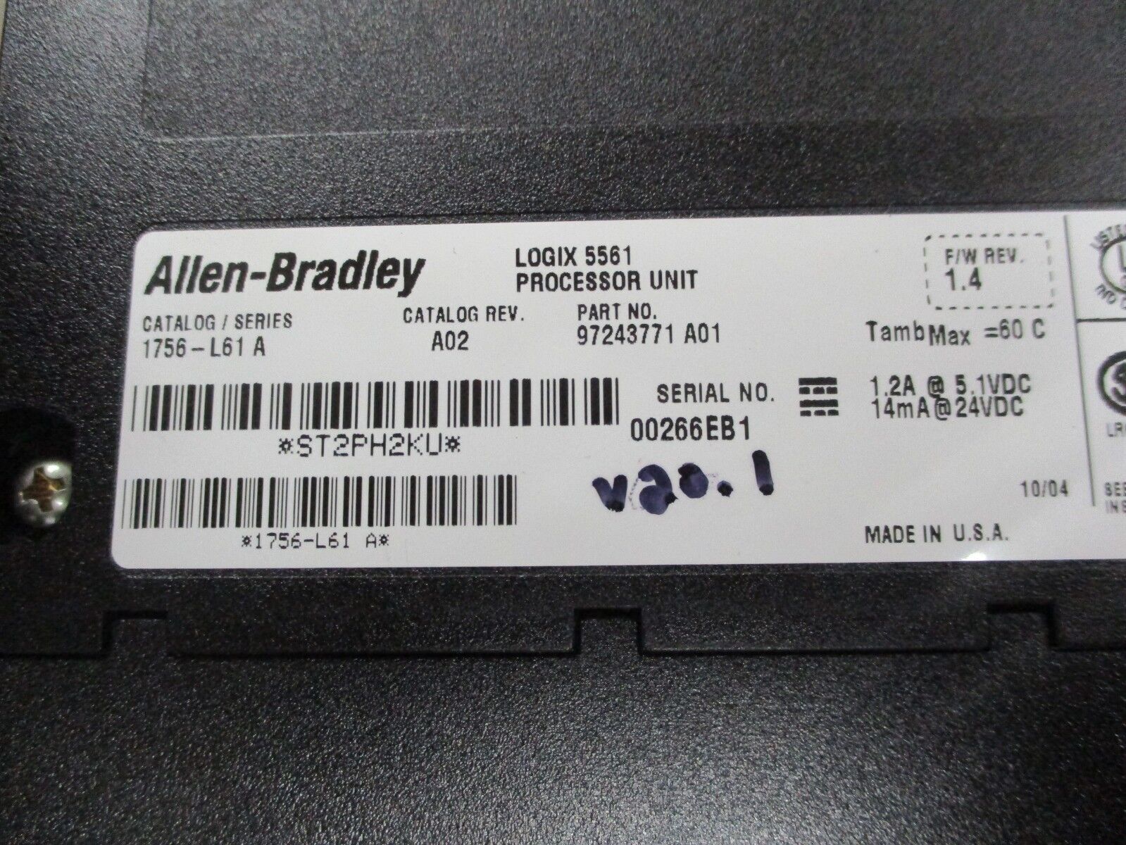Allen-Bradley Logix 5561 Processor 1756-L61 A Rev. A02 F/W Rev. 1.4 Used