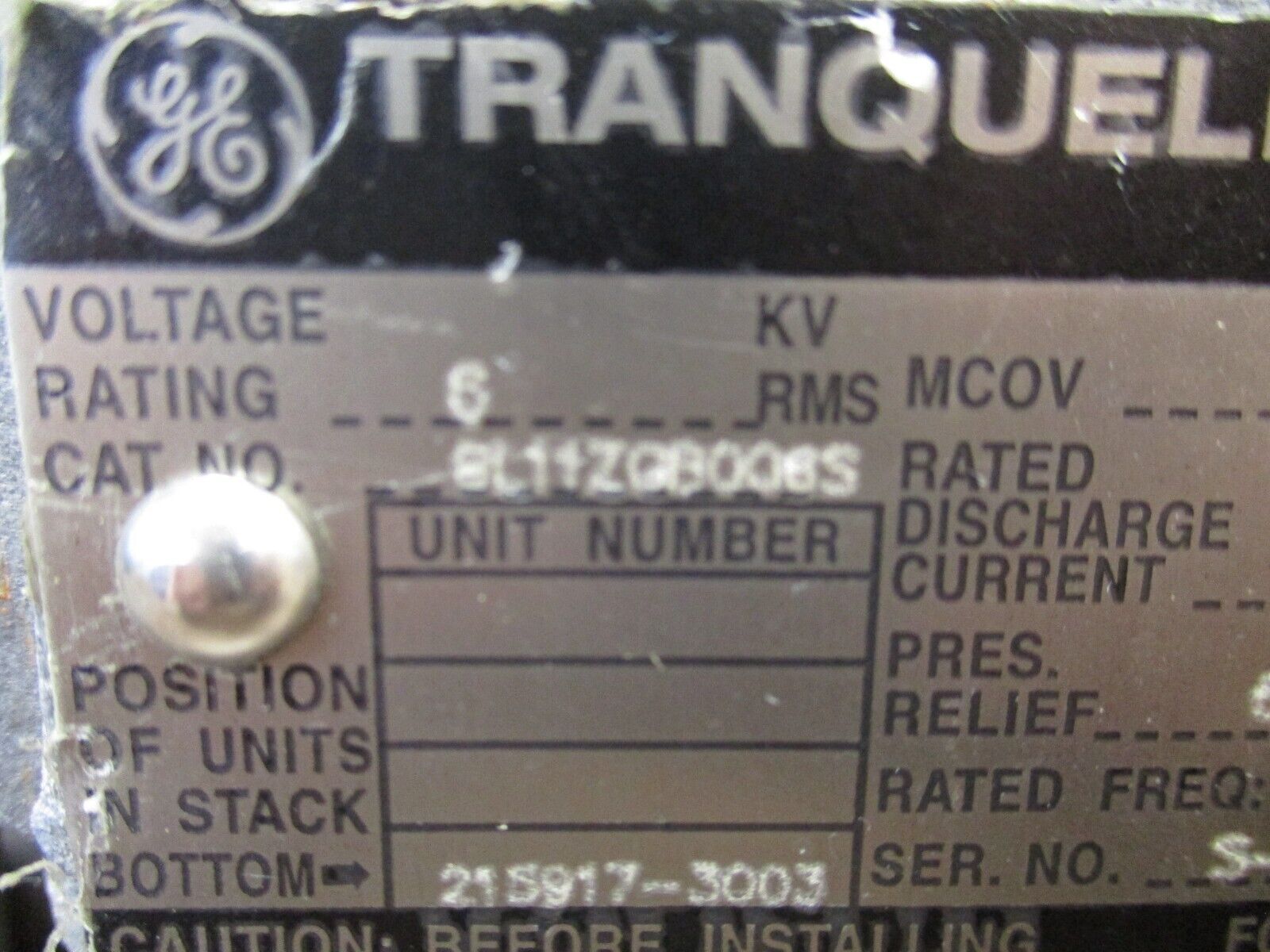 GE Tranquell Surge Arrester Station 9L11ZGB006S 6kV 50/60Hz Used
